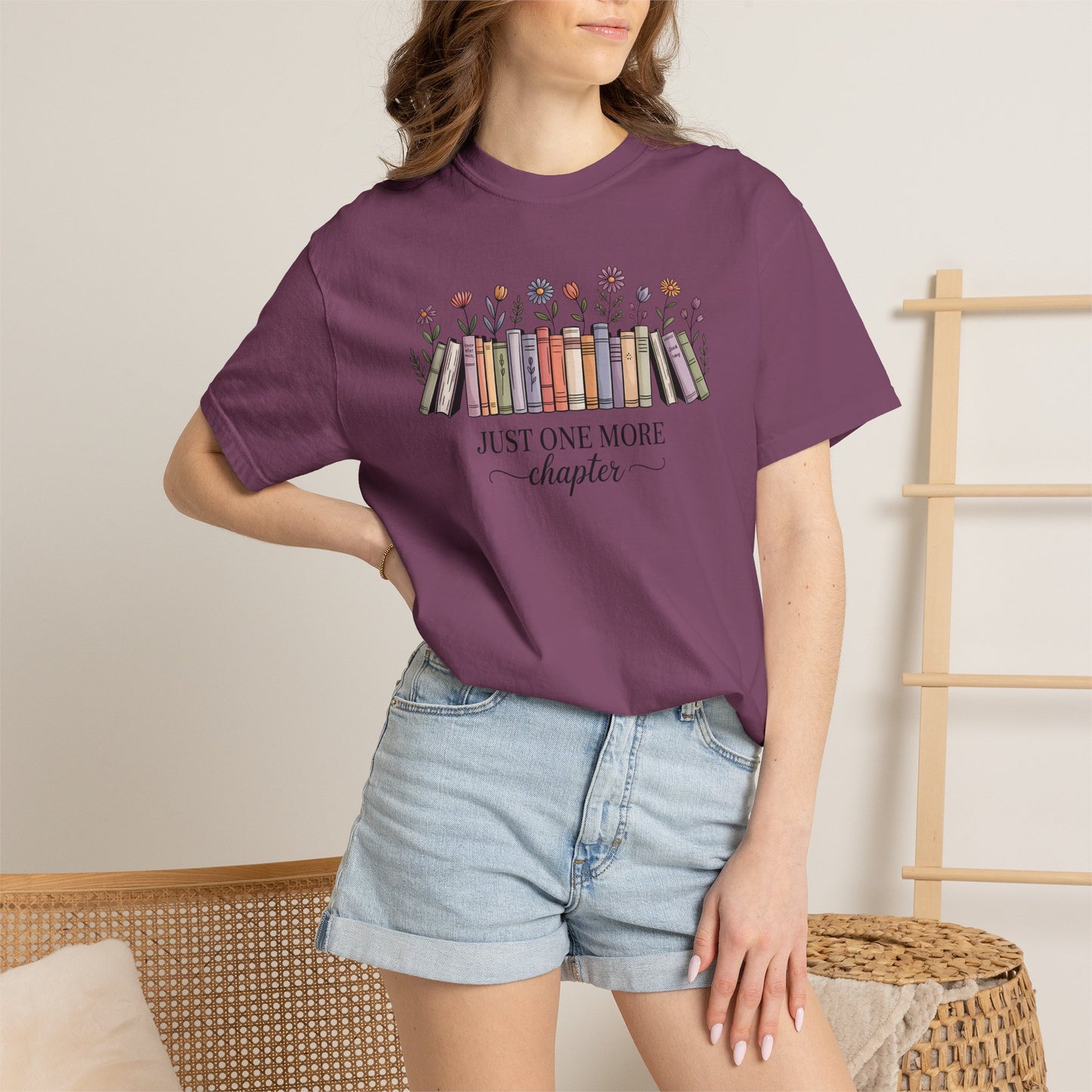 Book Lover T-Shirt — "Just One More Chapter" Floral Bookshelf Tee
