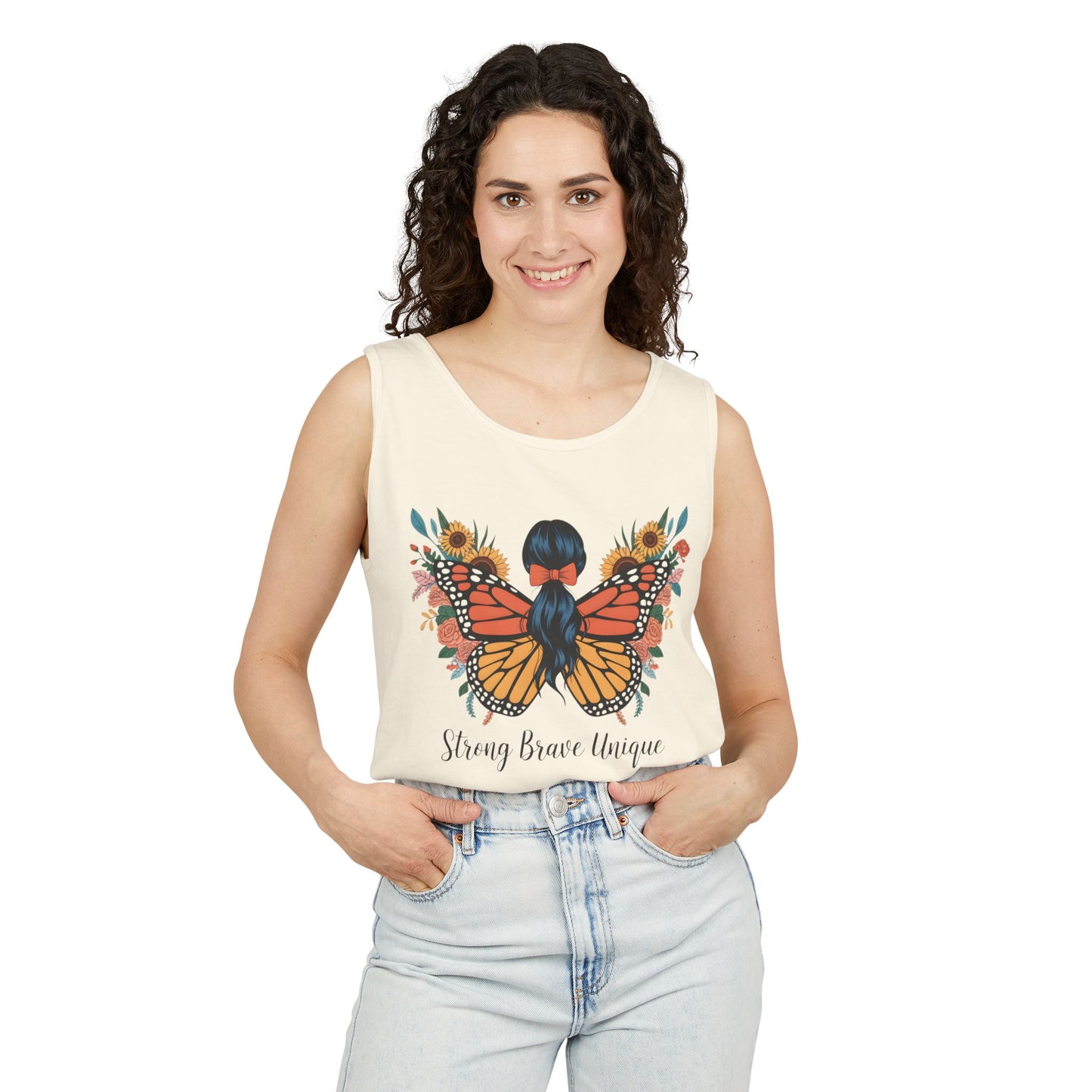 Butterfly Woman Tank Top — "Strong Brave Unique" Inspirational Graphic Tank