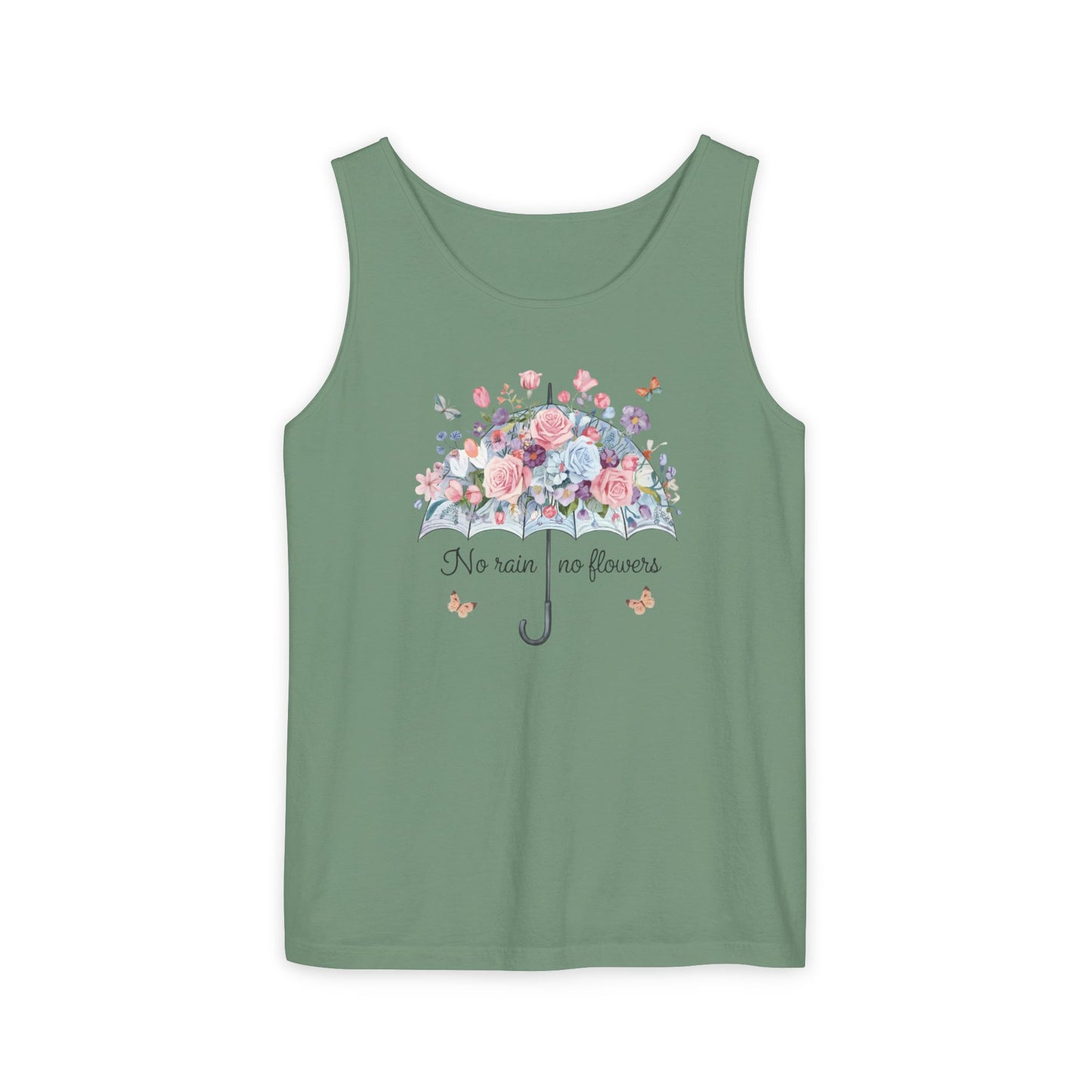 Floral Umbrella Tank Top — "No Rain No Flowers" Spring Graphic Tank