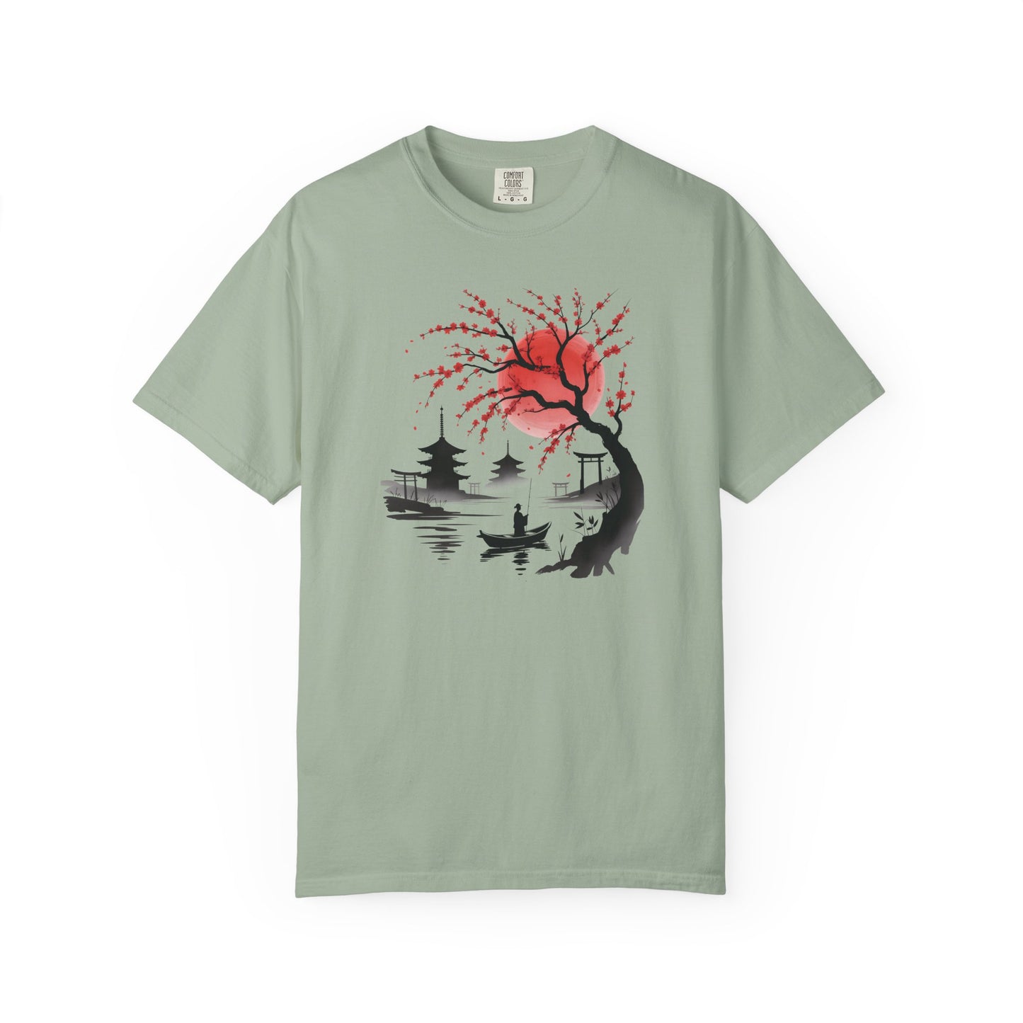 Japanese Landscape T-Shirt — Cherry Blossom, Red Sun & Pagoda Graphic