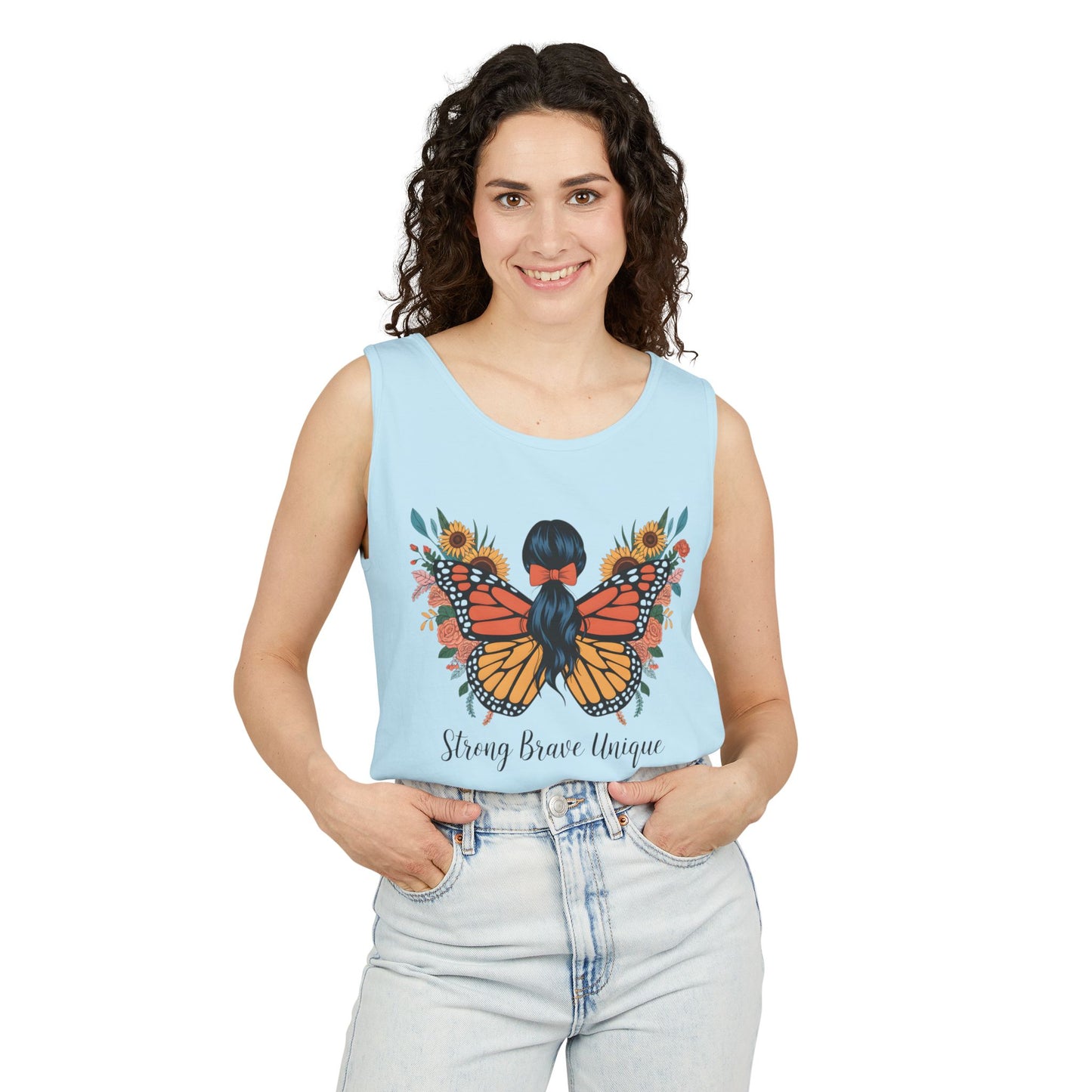 Butterfly Woman Tank Top — "Strong Brave Unique" Inspirational Graphic Tank