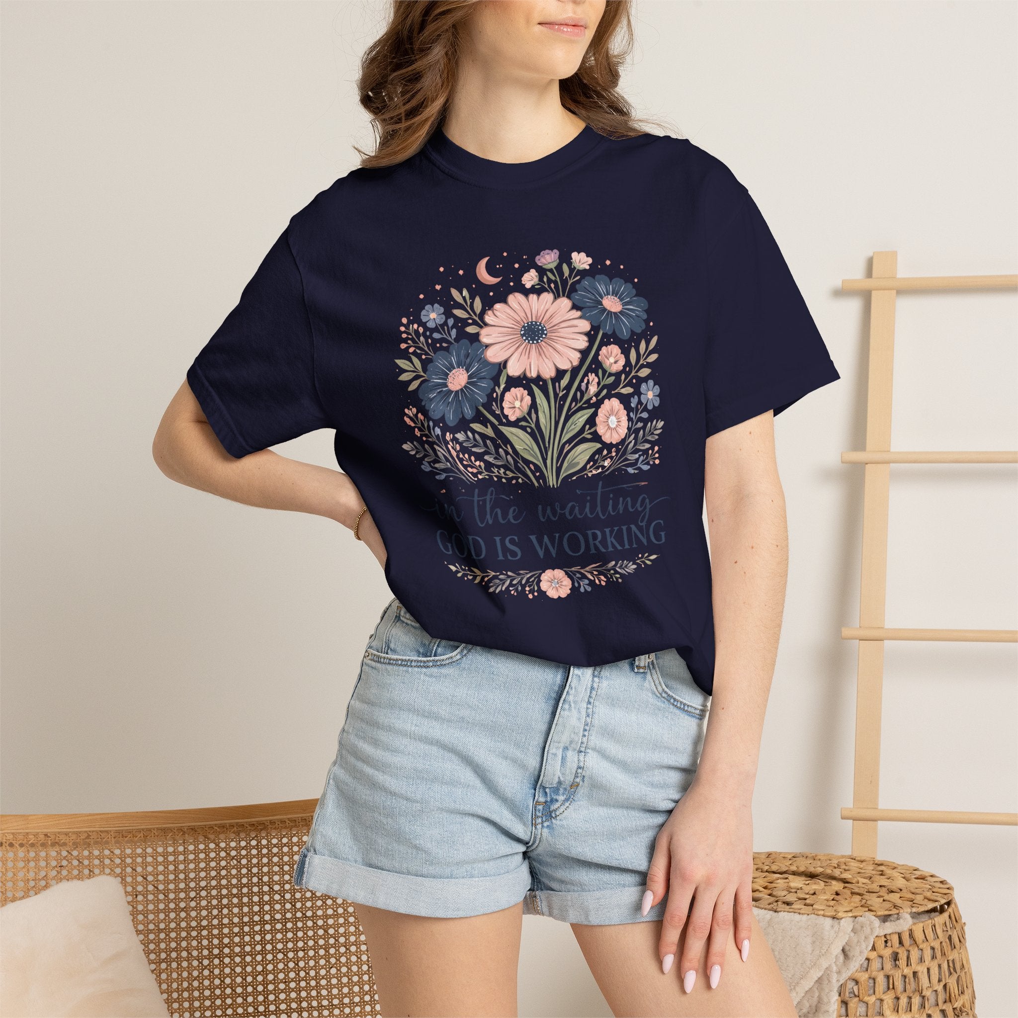 Christian Floral T-Shirt — "In the Waiting God Is Working" Inspirational Faith Tee