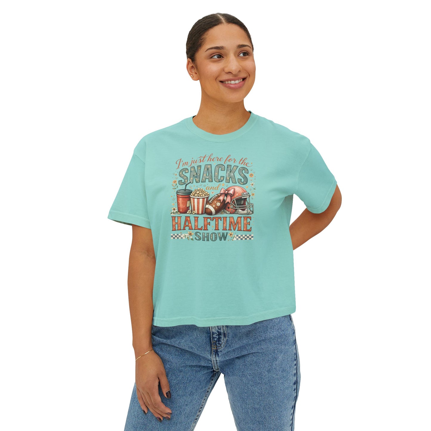 Snacks and Halftime Show Tee — Women's Boxy Football Game Day Shirt