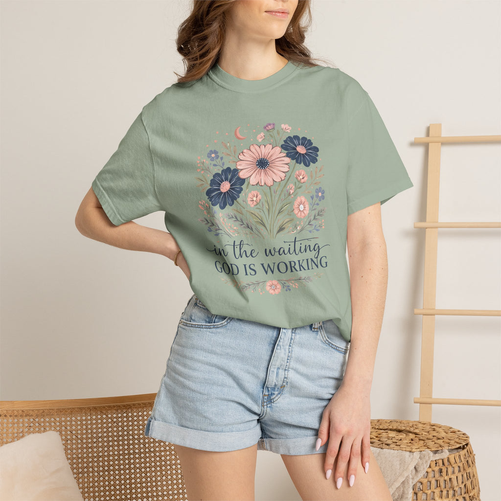Christian Floral T-Shirt — "In the Waiting God Is Working" Inspirational Faith Tee