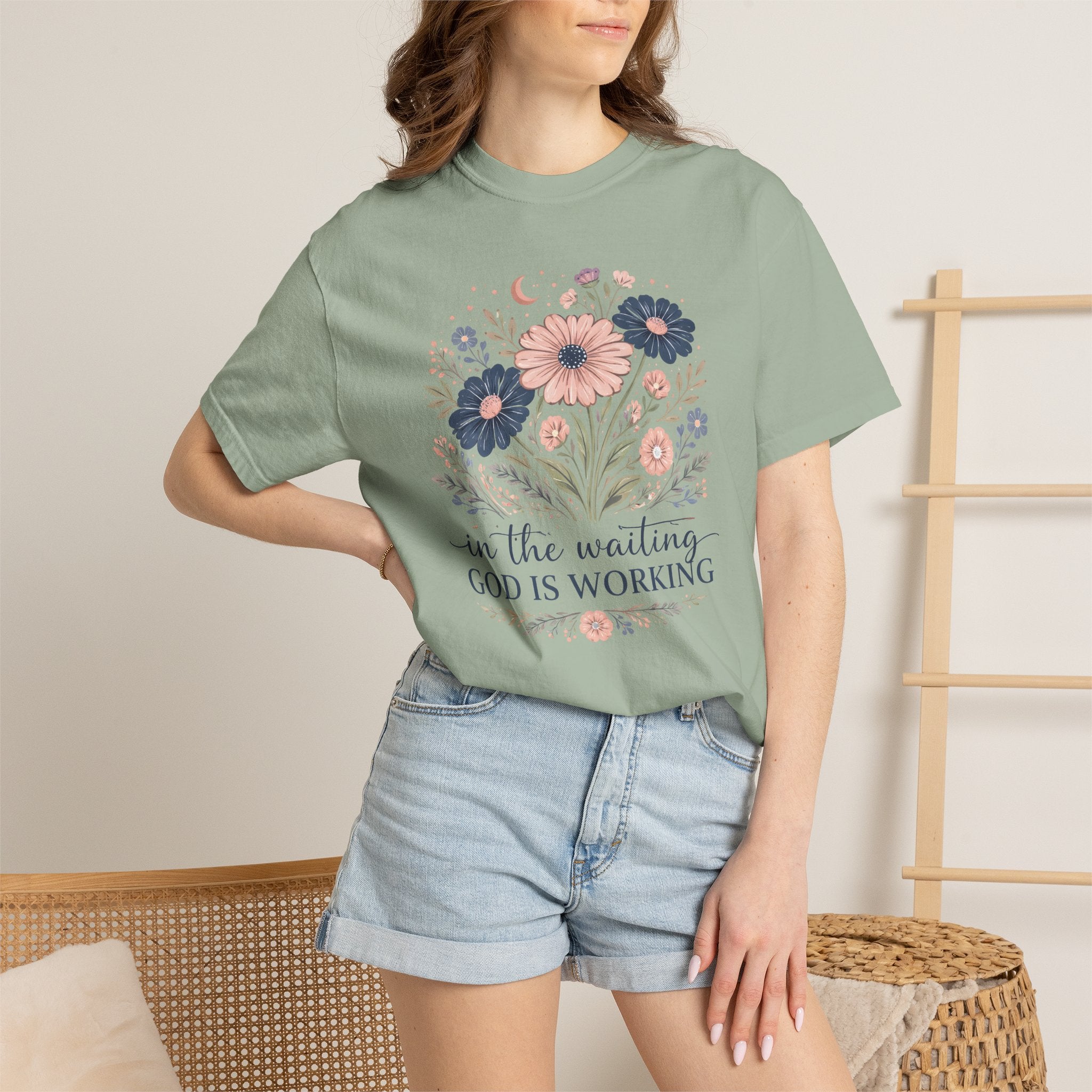 Christian Floral T-Shirt — "In the Waiting God Is Working" Inspirational Faith Tee