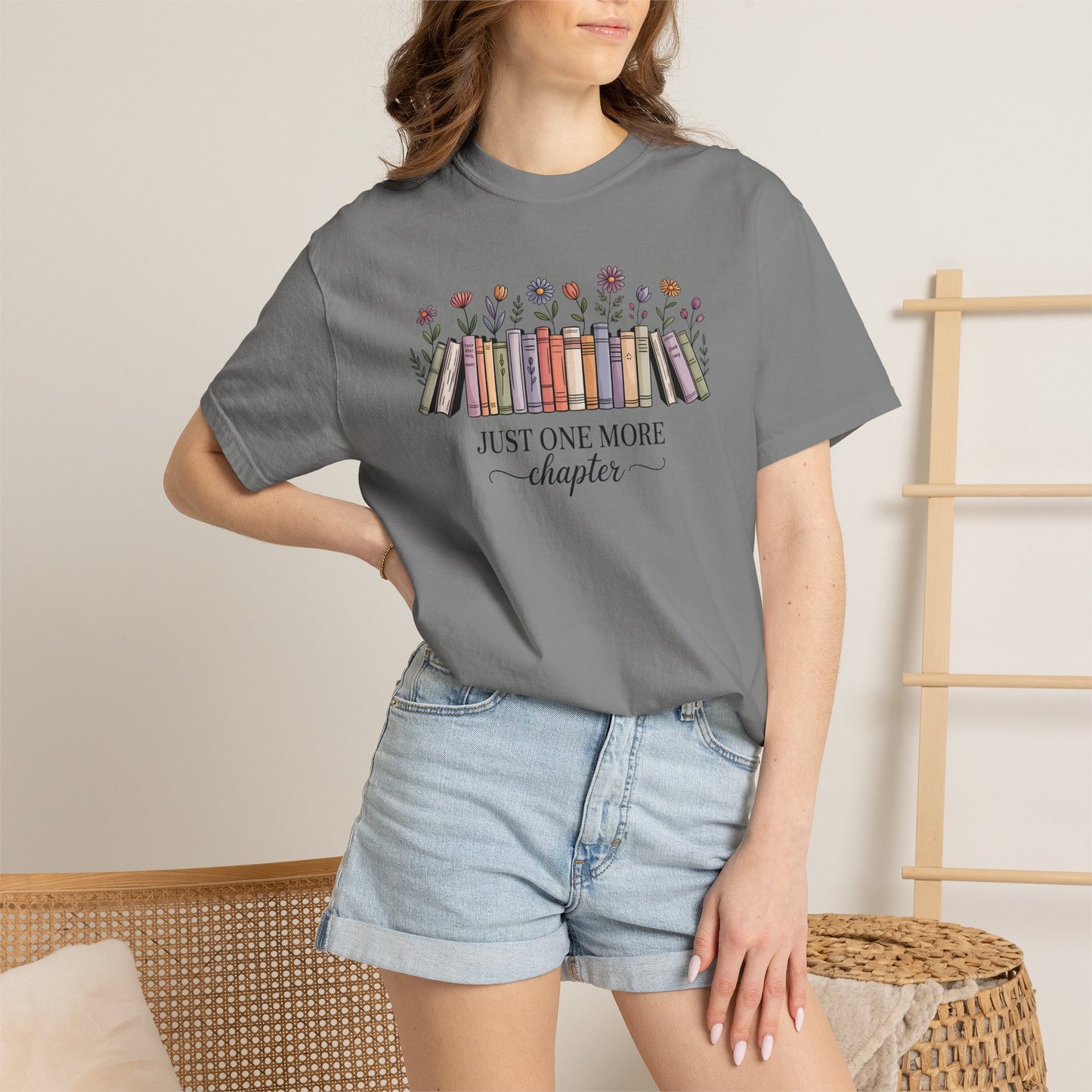 Book Lover T-Shirt — "Just One More Chapter" Floral Bookshelf Tee