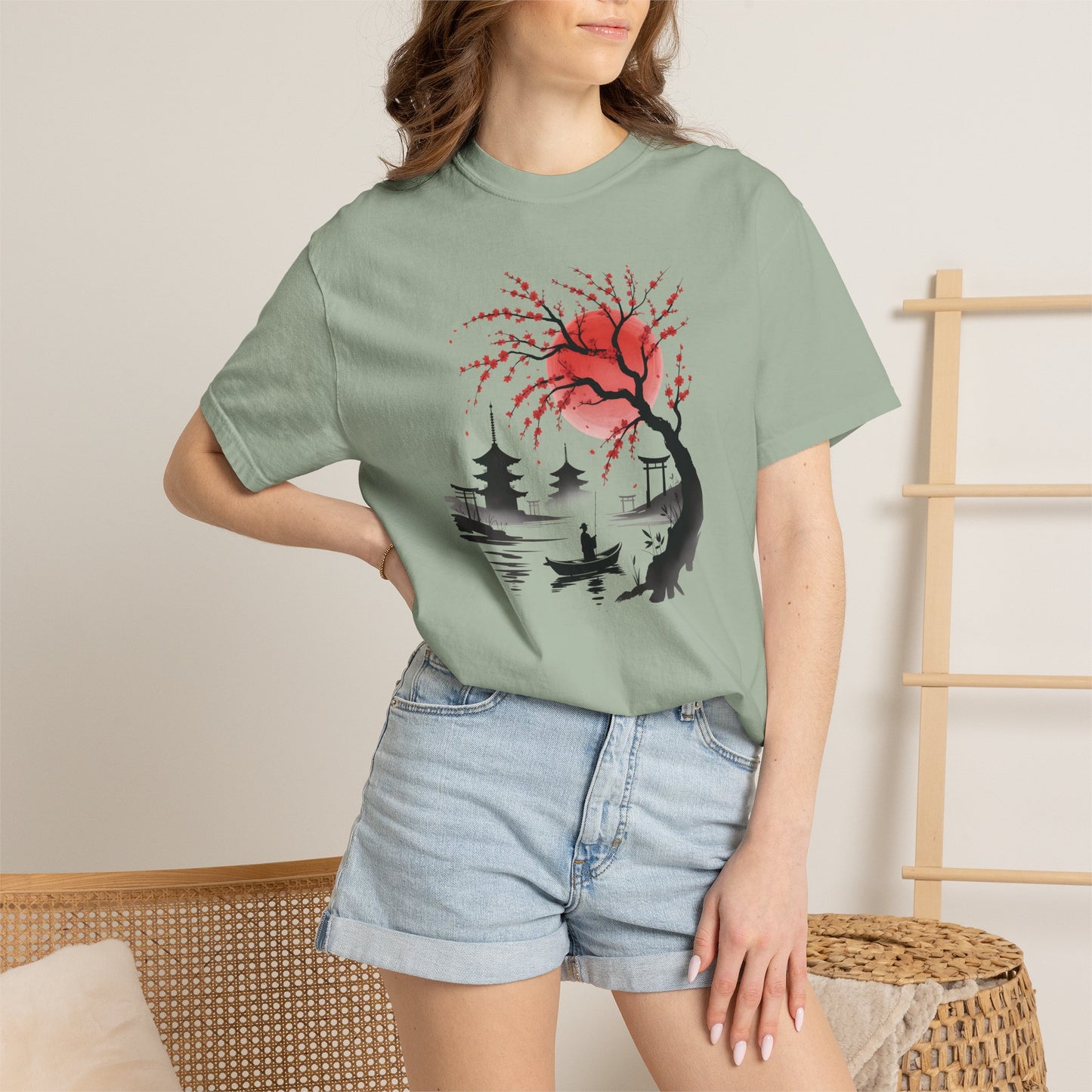 Japanese Landscape T-Shirt — Cherry Blossom, Red Sun & Pagoda Graphic