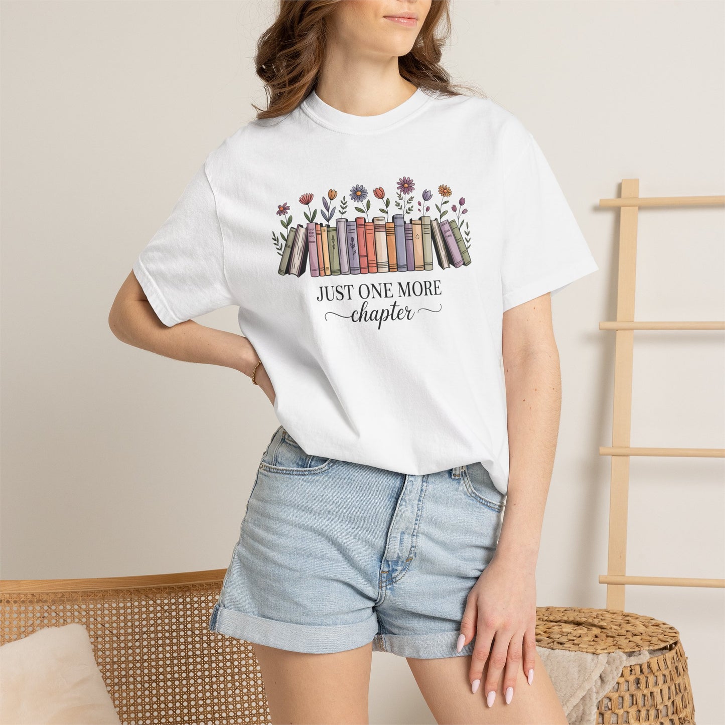 Book Lover T-Shirt — "Just One More Chapter" Floral Bookshelf Tee
