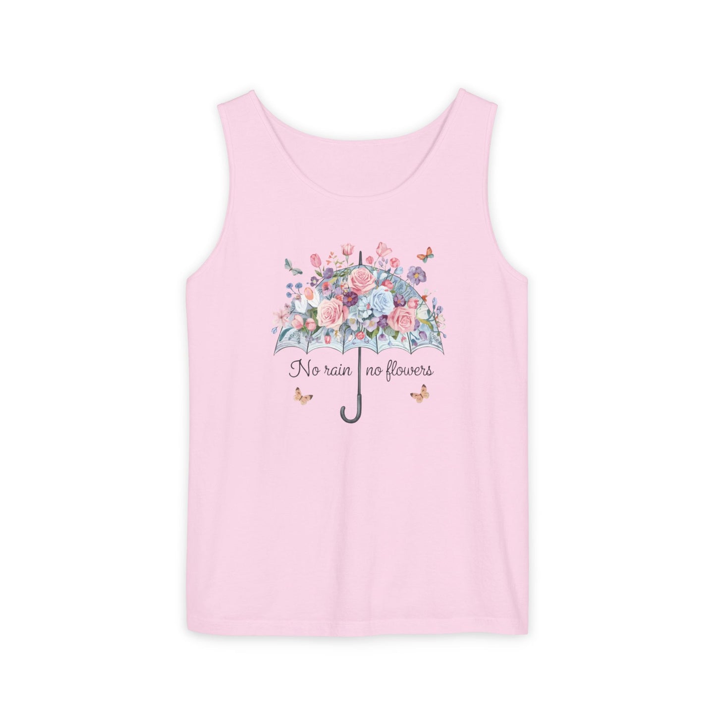 Floral Umbrella Tank Top — "No Rain No Flowers" Spring Graphic Tank