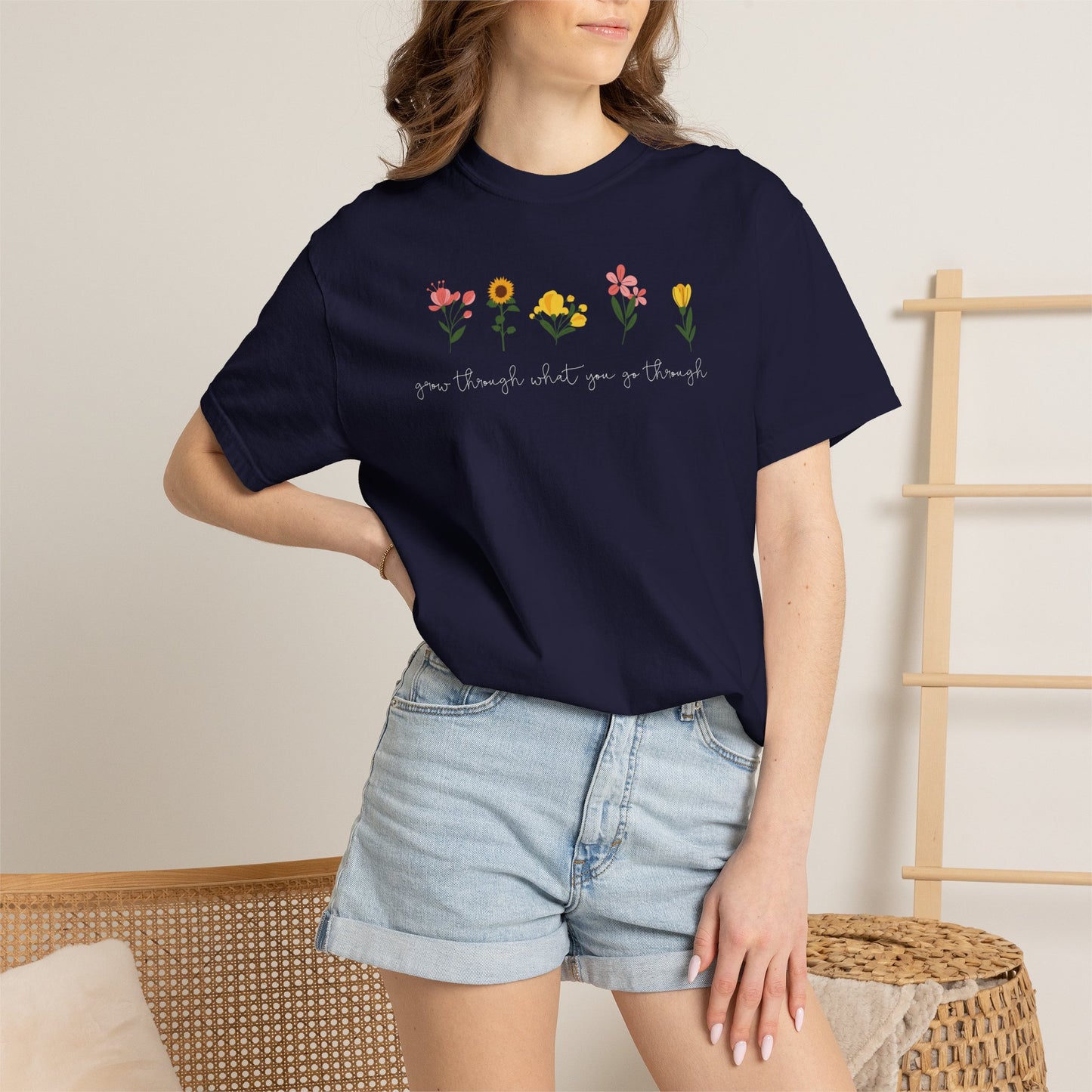 Floral Lineup T-Shirt — "Grow through what you go through" Garden Quote Tee