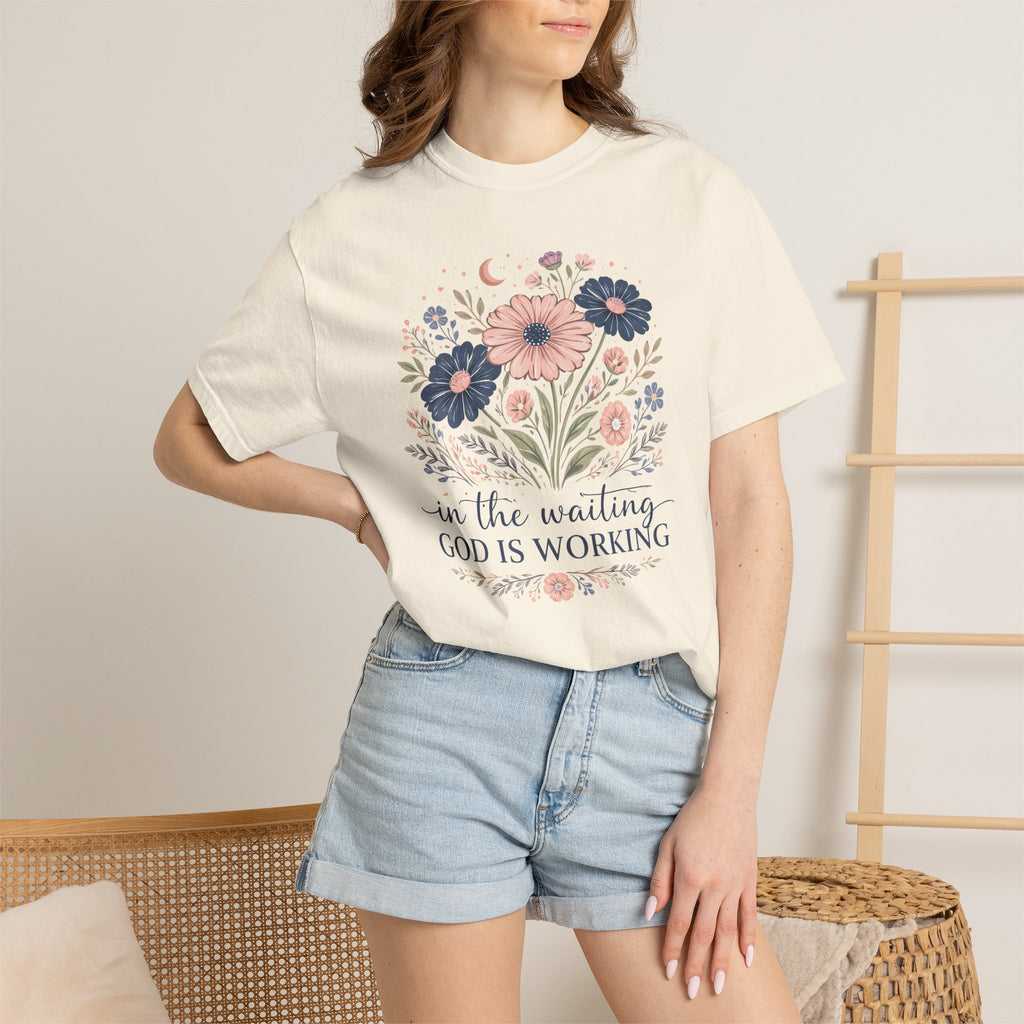 Christian Floral T-Shirt — "In the Waiting God Is Working" Inspirational Faith Tee
