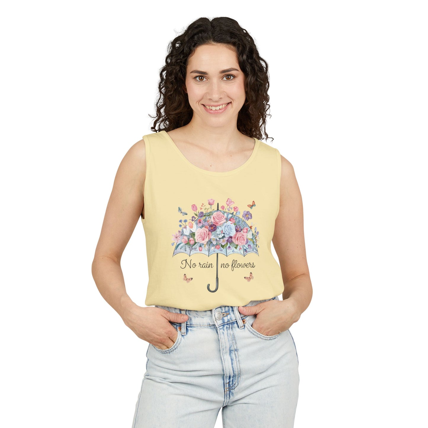 Floral Umbrella Tank Top — "No Rain No Flowers" Spring Graphic Tank