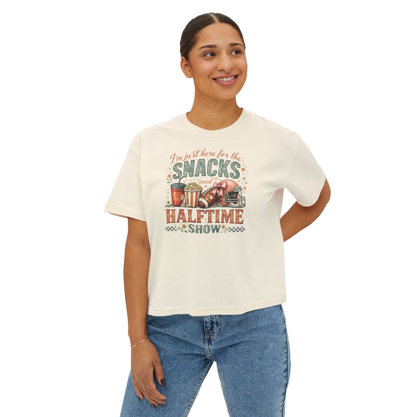 Snacks and Halftime Show Tee — Women's Boxy Football Game Day Shirt