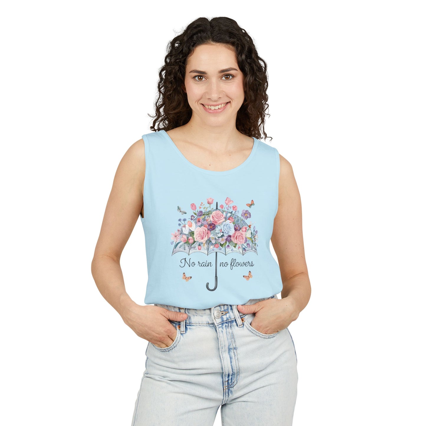 Floral Umbrella Tank Top — "No Rain No Flowers" Spring Graphic Tank