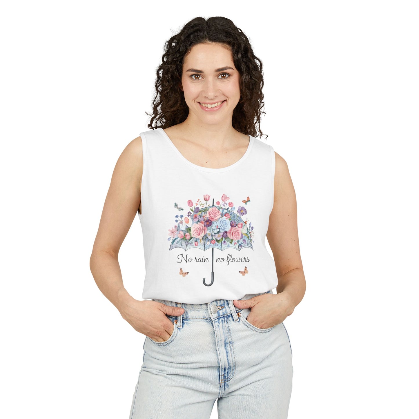 Floral Umbrella Tank Top — "No Rain No Flowers" Spring Graphic Tank