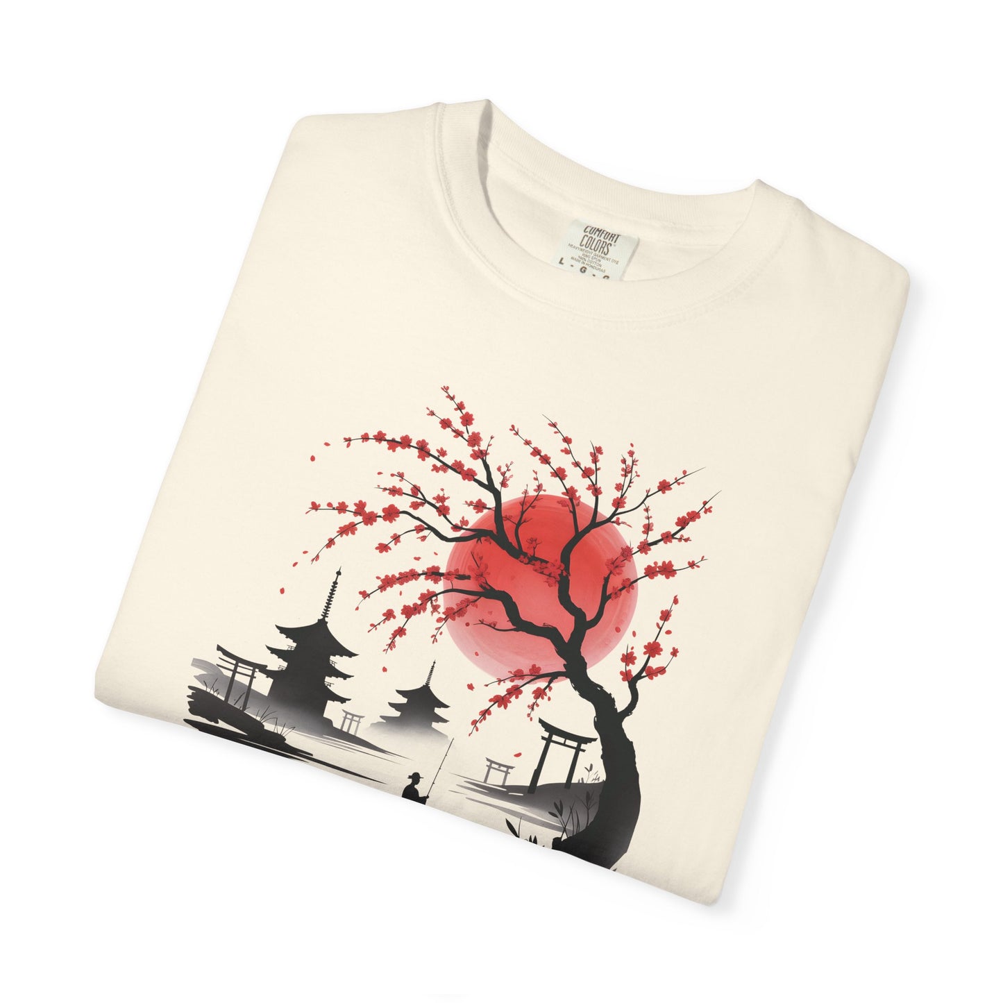 Japanese Landscape T-Shirt — Cherry Blossom, Red Sun & Pagoda Graphic