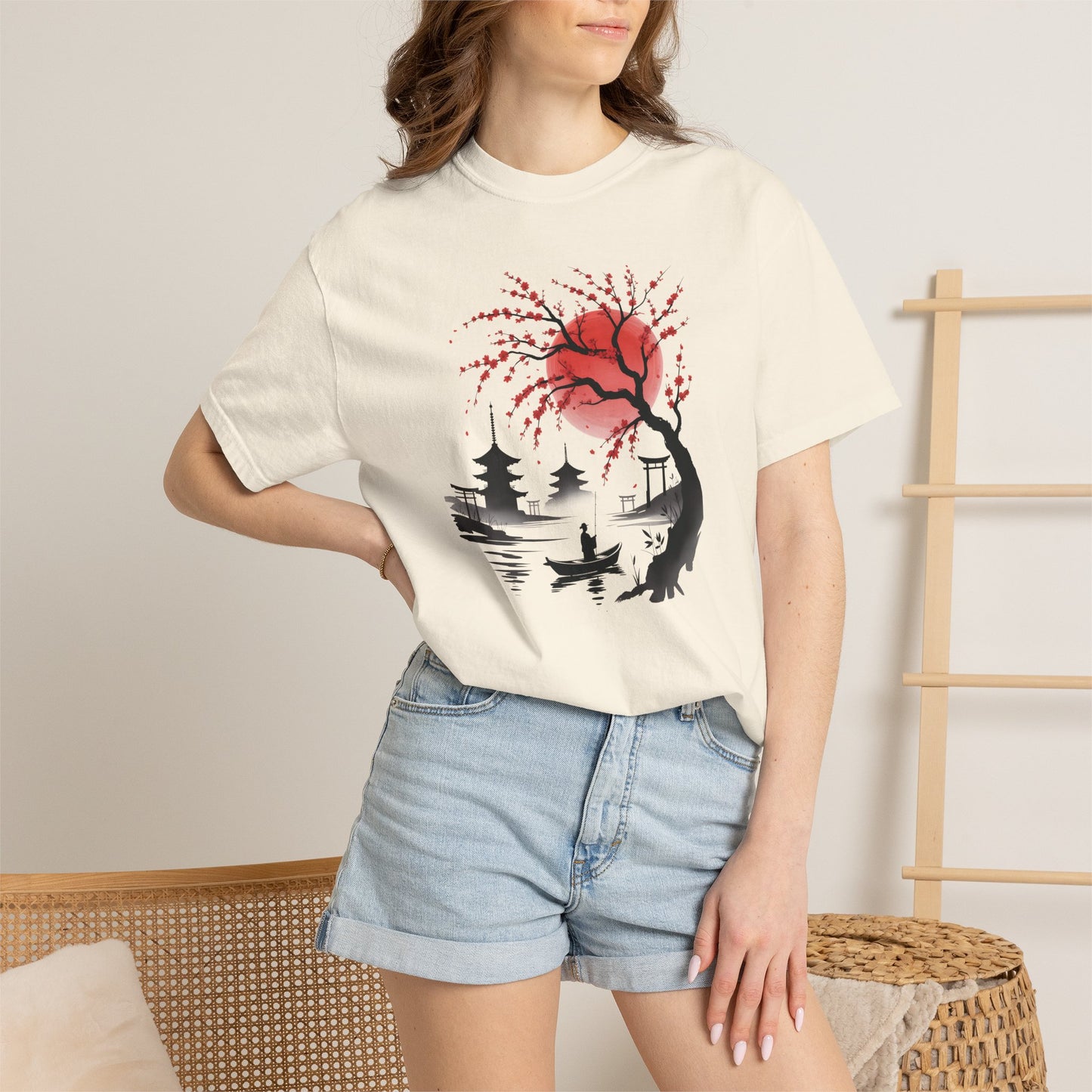 Japanese Landscape T-Shirt — Cherry Blossom, Red Sun & Pagoda Graphic