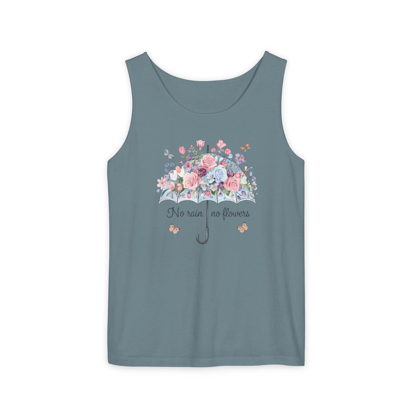 Floral Umbrella Tank Top — "No Rain No Flowers" Spring Graphic Tank