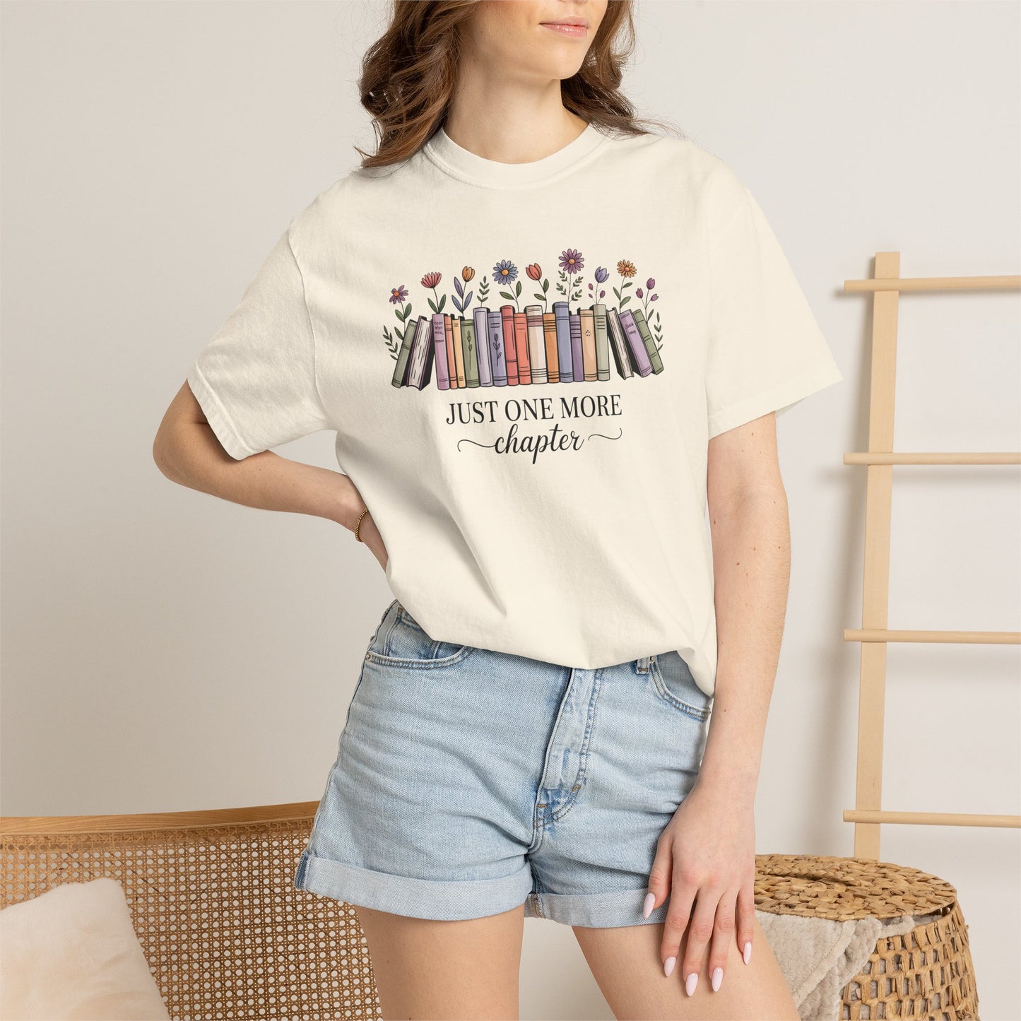 Book Lover T-Shirt — "Just One More Chapter" Floral Bookshelf Tee