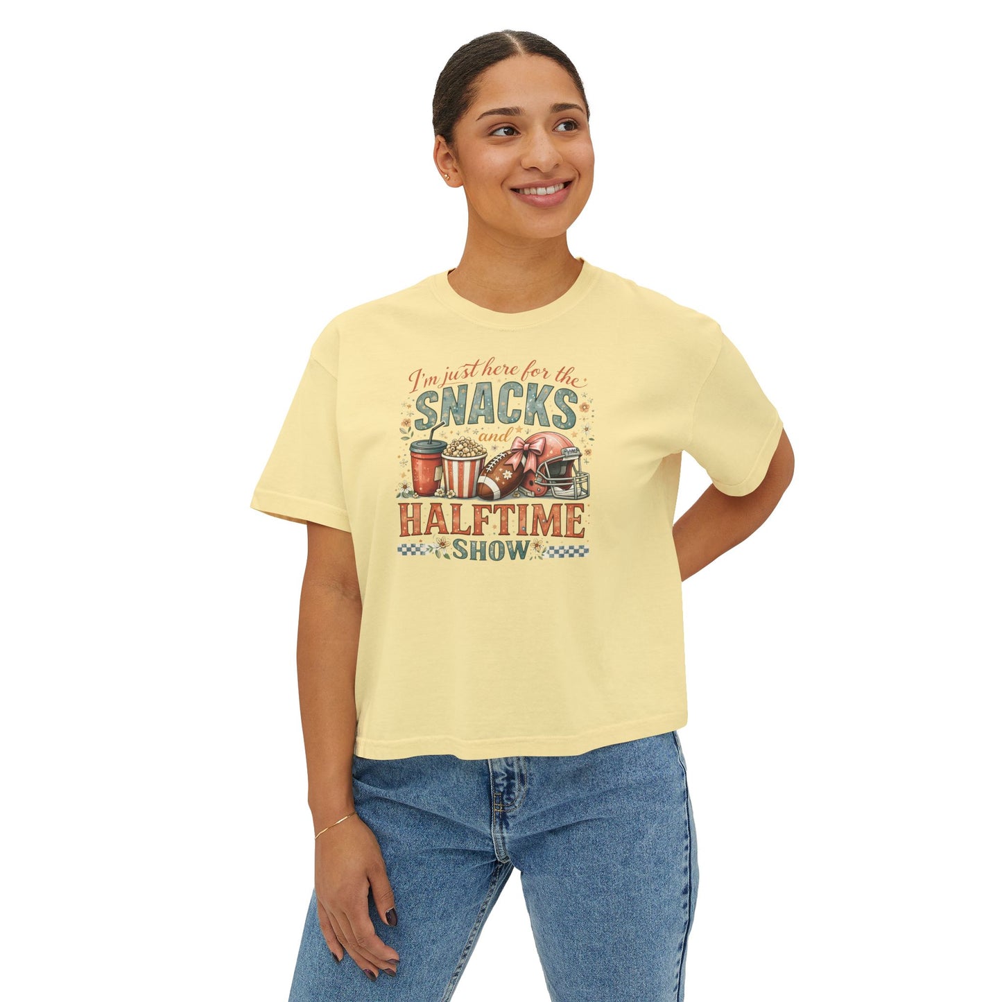 Snacks and Halftime Show Tee — Women's Boxy Football Game Day Shirt