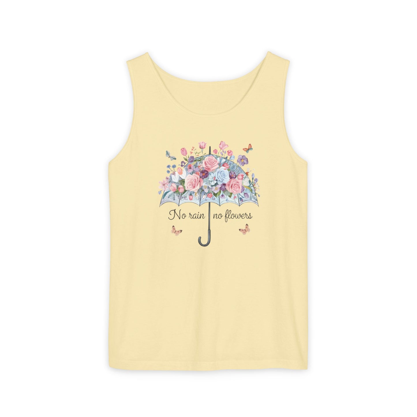 Floral Umbrella Tank Top — "No Rain No Flowers" Spring Graphic Tank