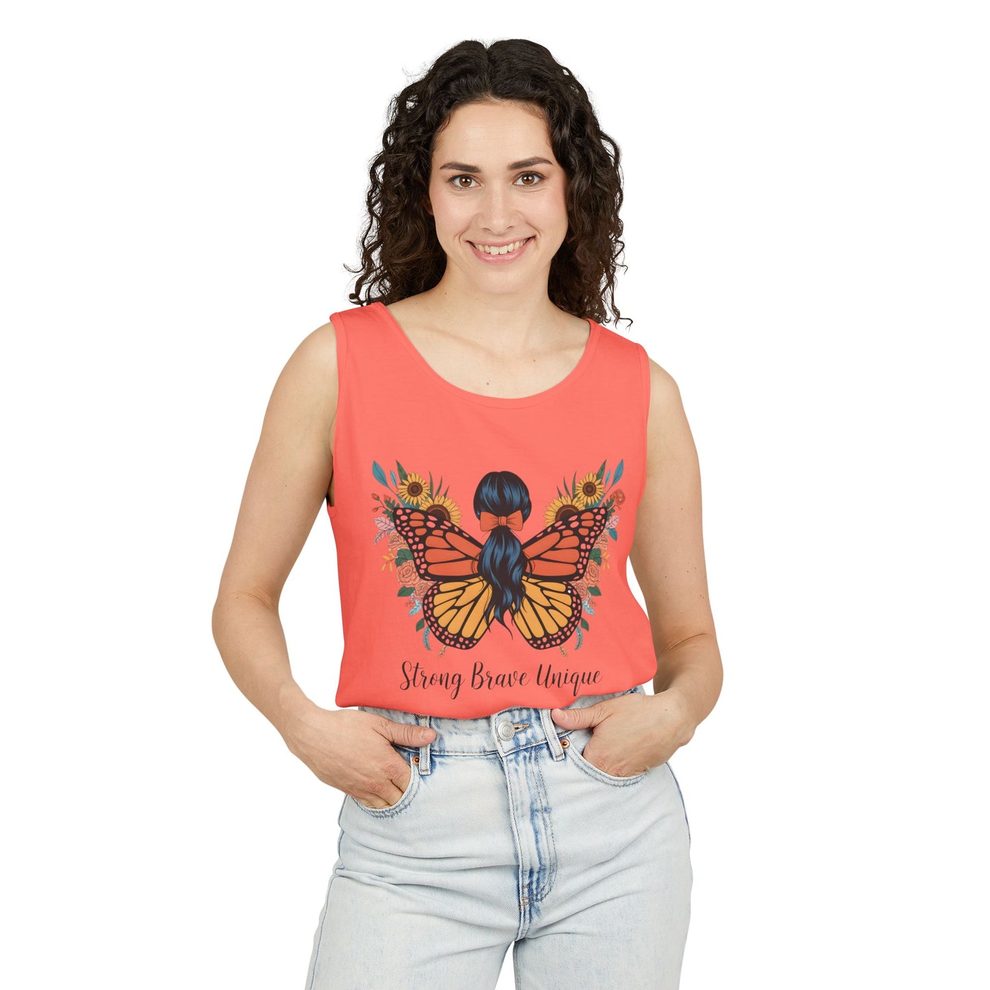 Butterfly Woman Tank Top — "Strong Brave Unique" Inspirational Graphic Tank
