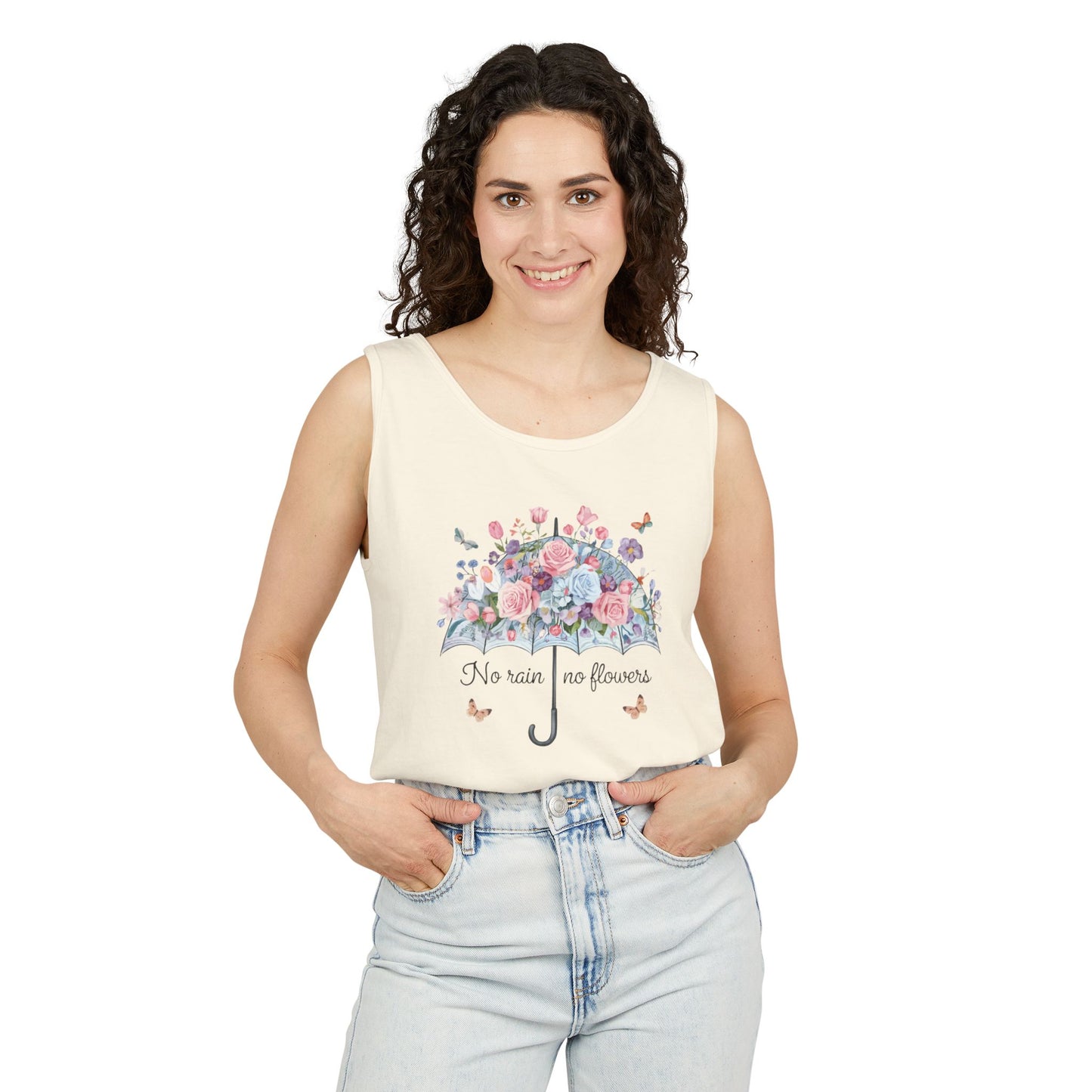 Floral Umbrella Tank Top — "No Rain No Flowers" Spring Graphic Tank