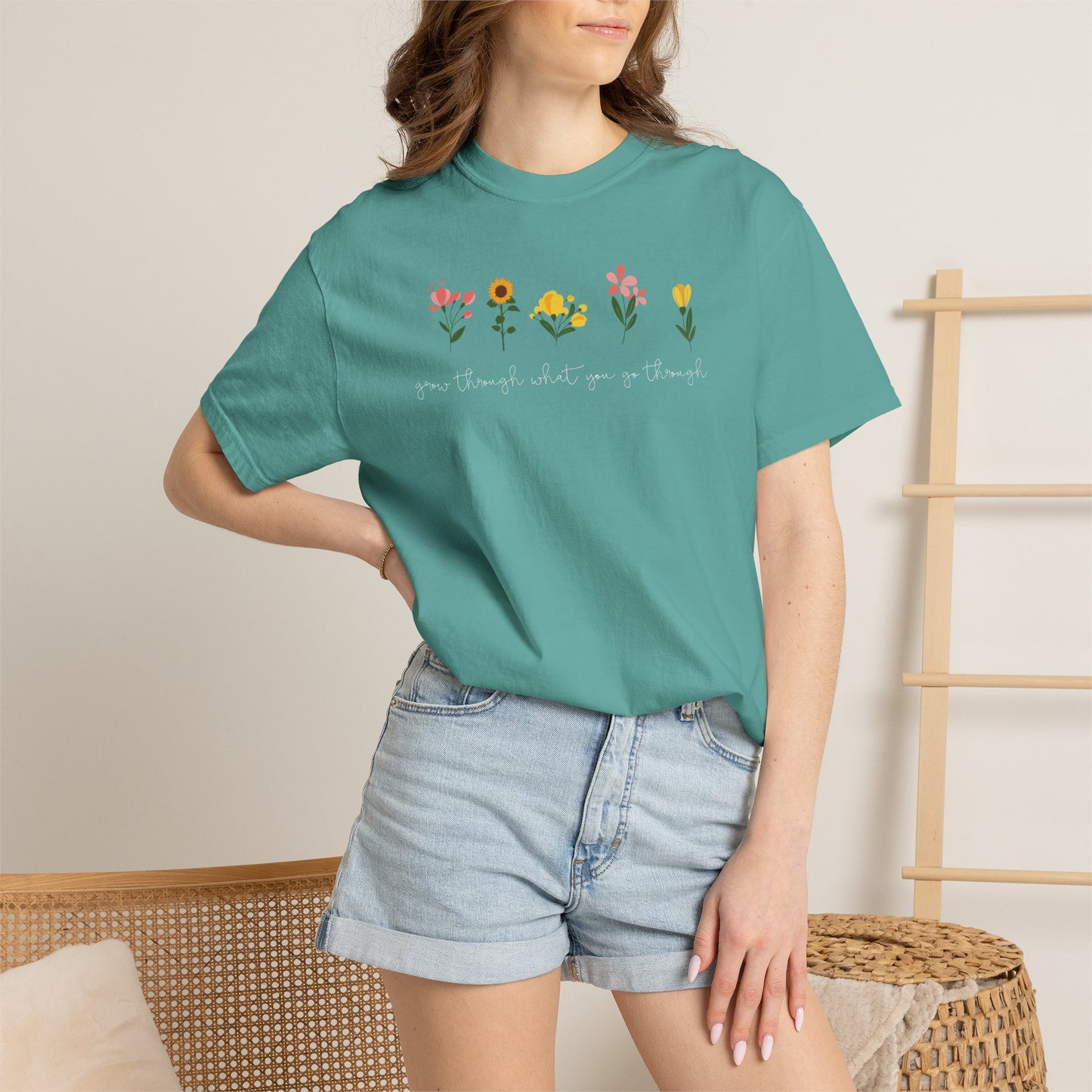 Floral Lineup T-Shirt — "Grow through what you go through" Garden Quote Tee