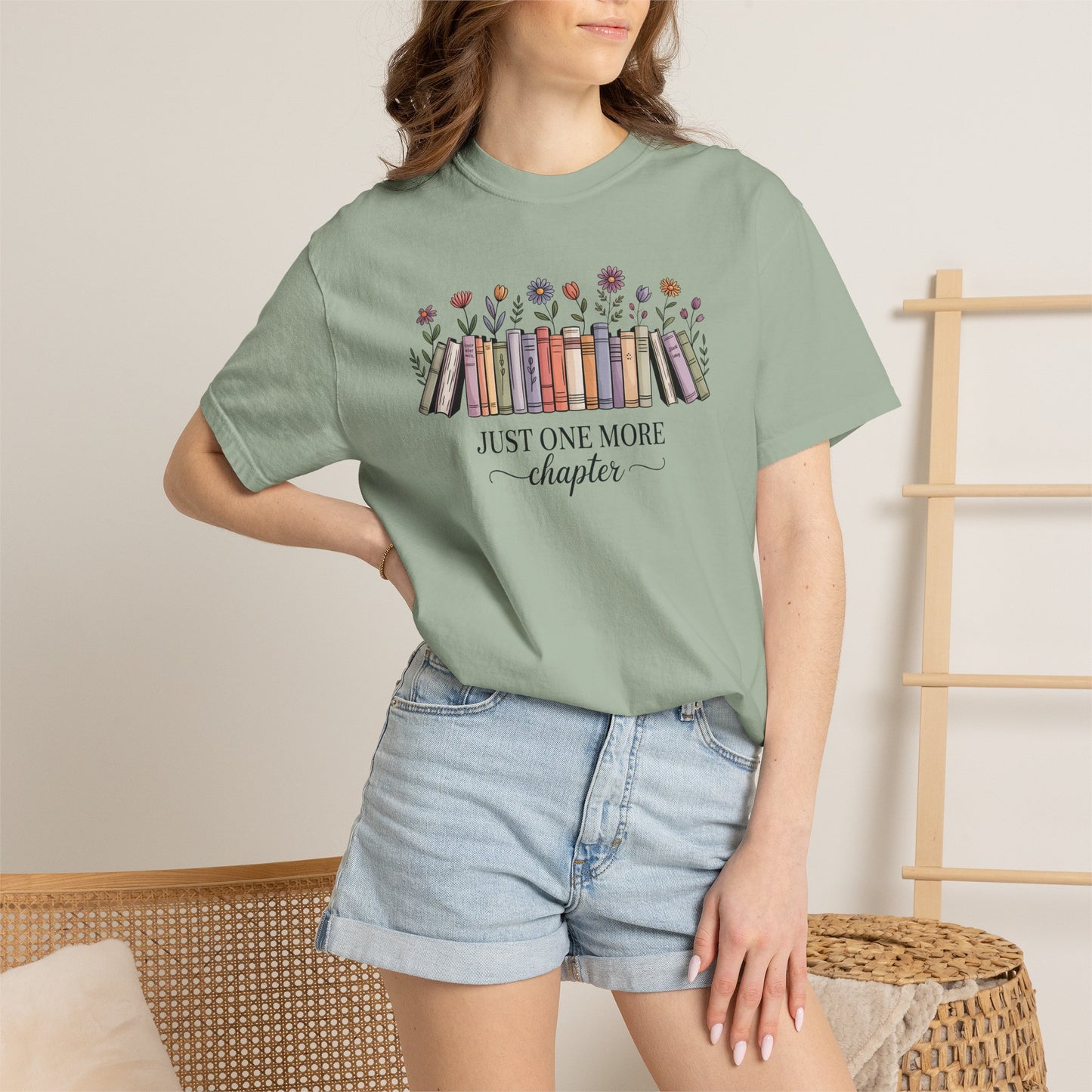 Book Lover T-Shirt — "Just One More Chapter" Floral Bookshelf Tee