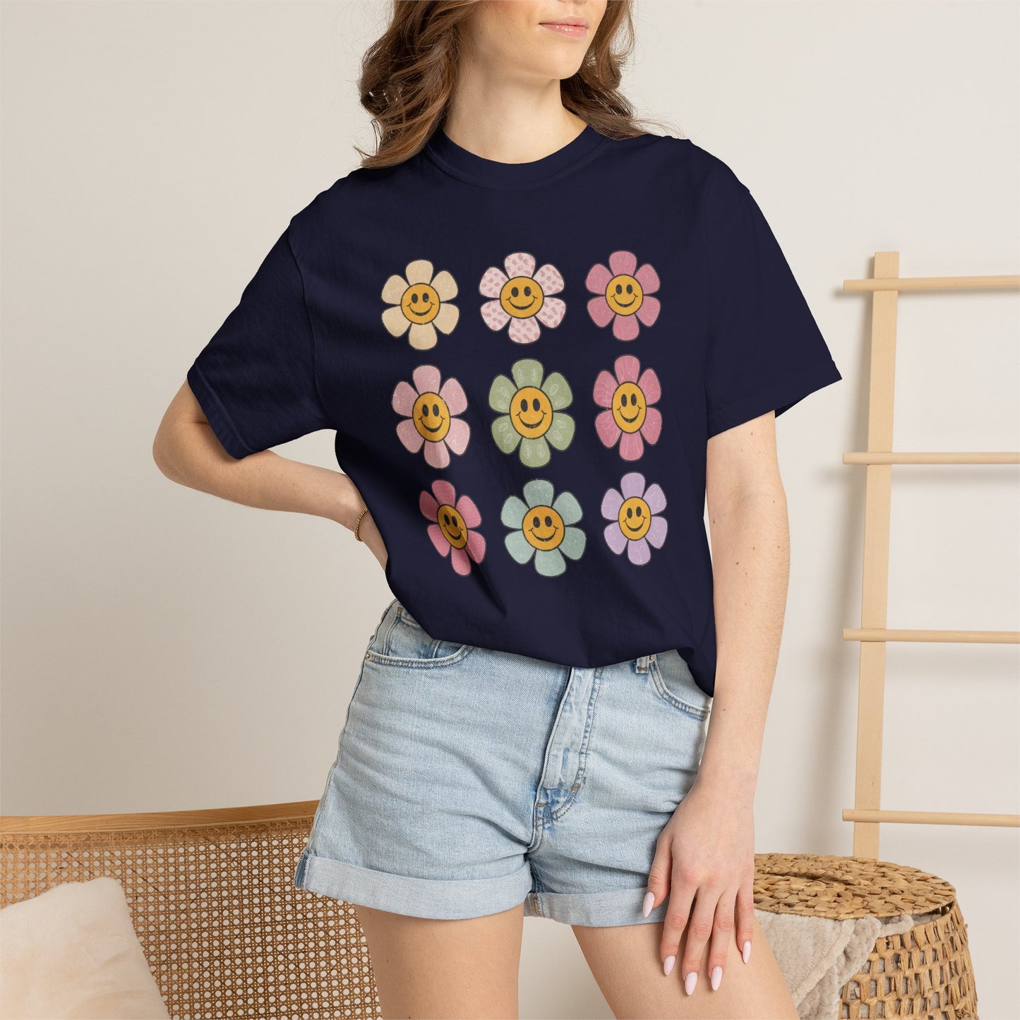 Smiling Retro Flower Grid T-Shirt — Cute Vintage Floral Tee