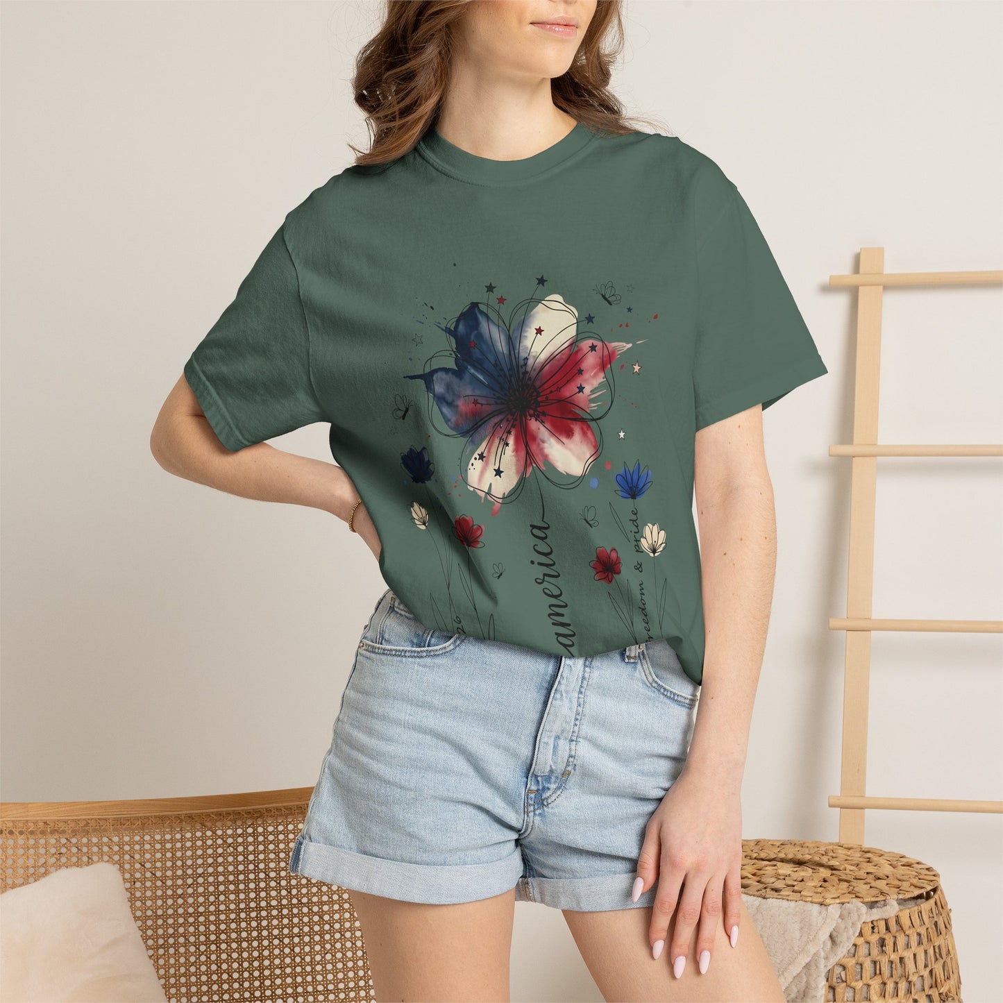 Patriotic Watercolor Flower T-Shirt — America Floral Graphic Tee