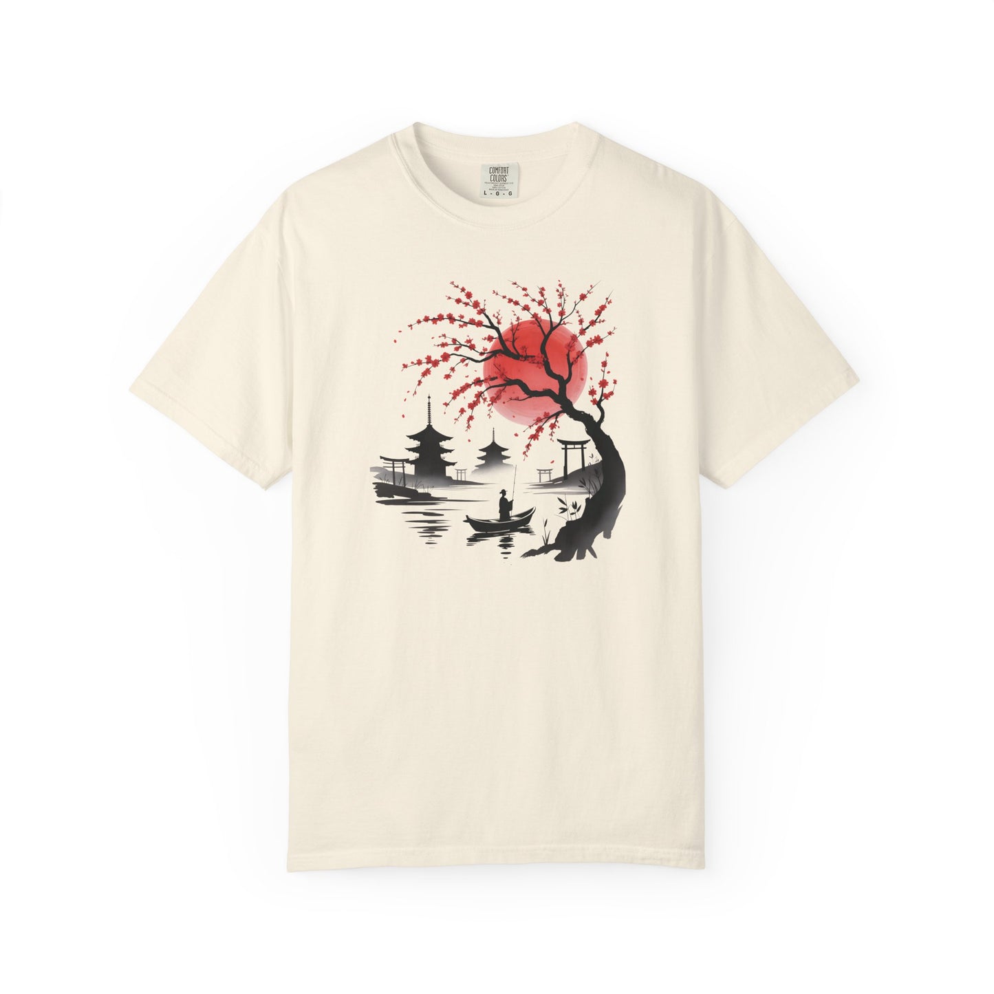 Japanese Landscape T-Shirt — Cherry Blossom, Red Sun & Pagoda Graphic