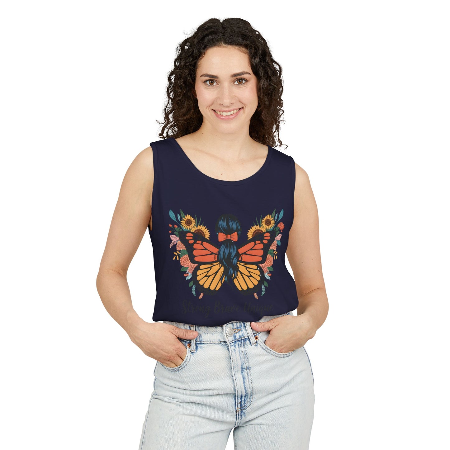 Butterfly Woman Tank Top — "Strong Brave Unique" Inspirational Graphic Tank