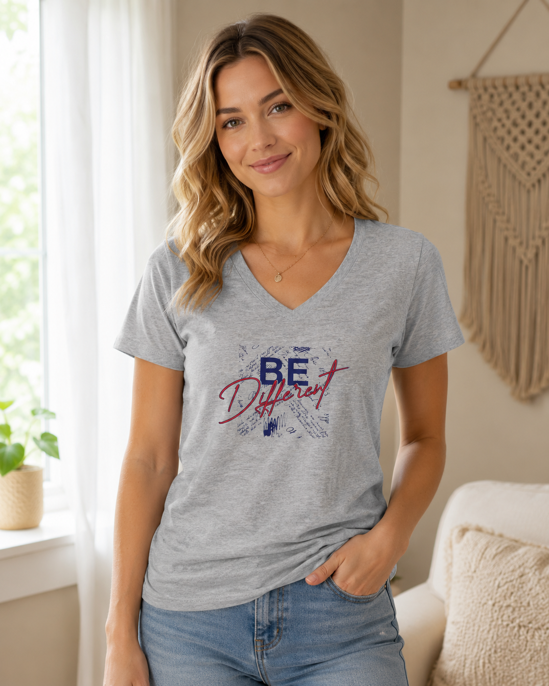 Women's V-Neck Tee — "Be Different" Graphic Casual Top