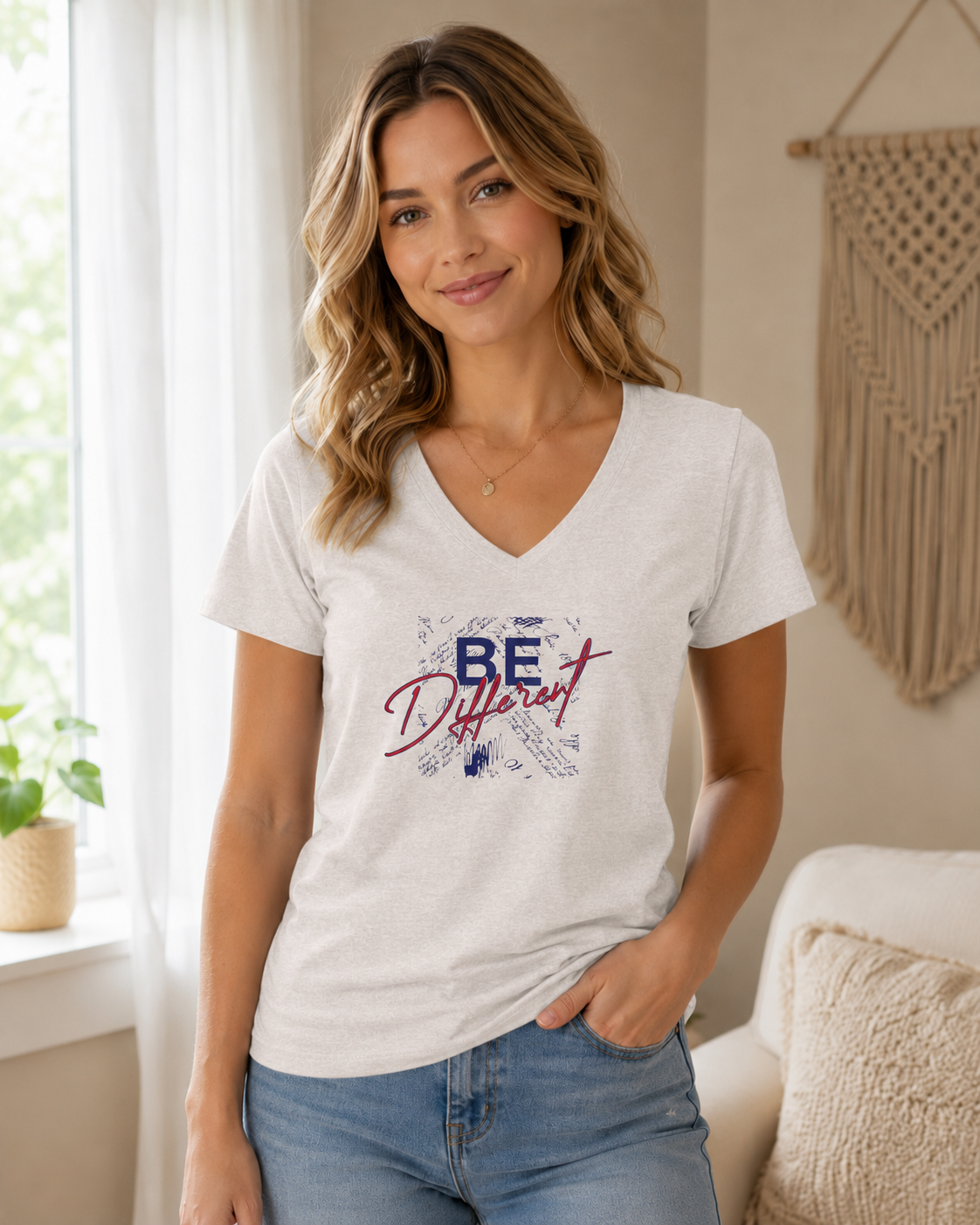 Women's V-Neck Tee — "Be Different" Graphic Casual Top