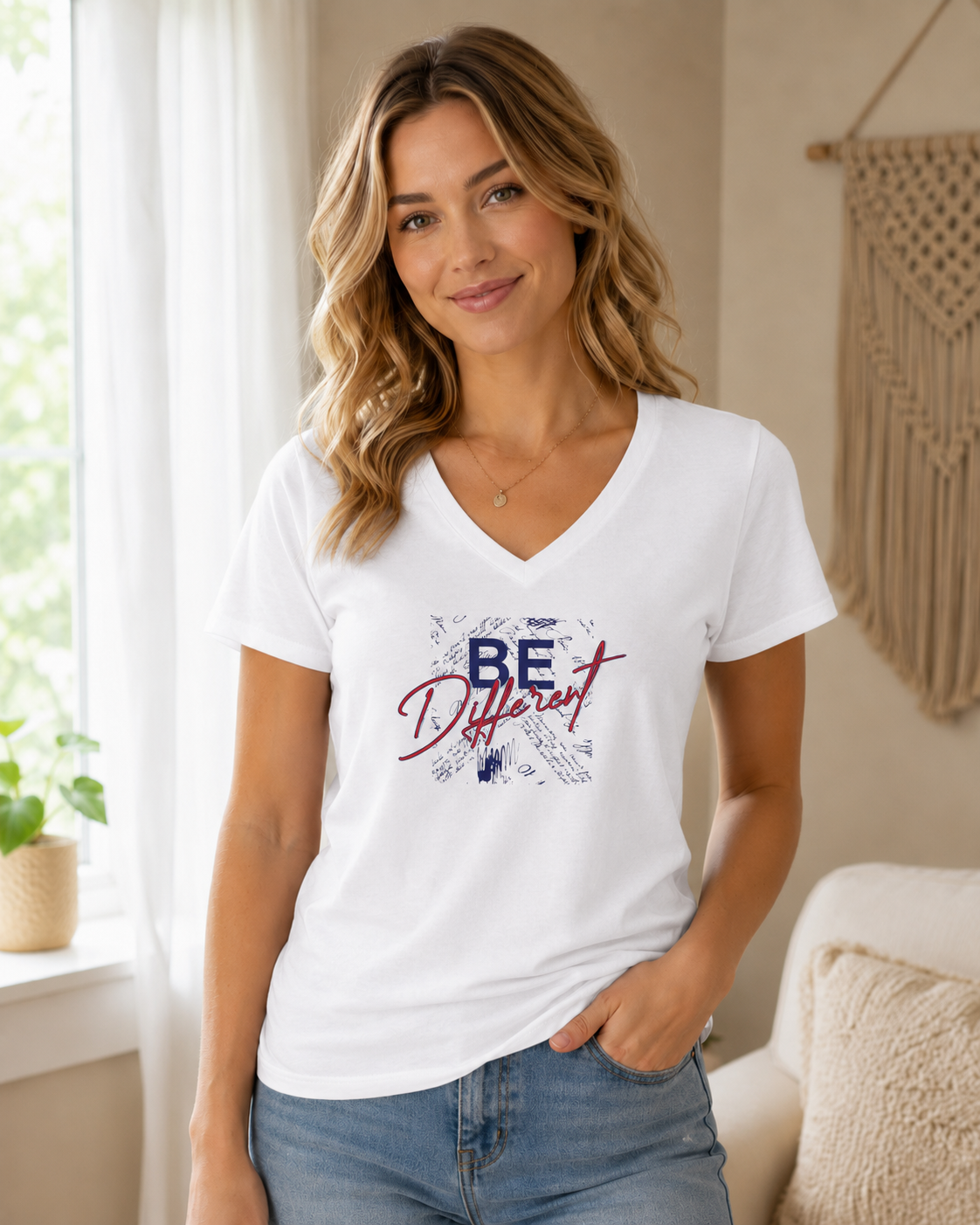 Women's V-Neck Tee — "Be Different" Graphic Casual Top