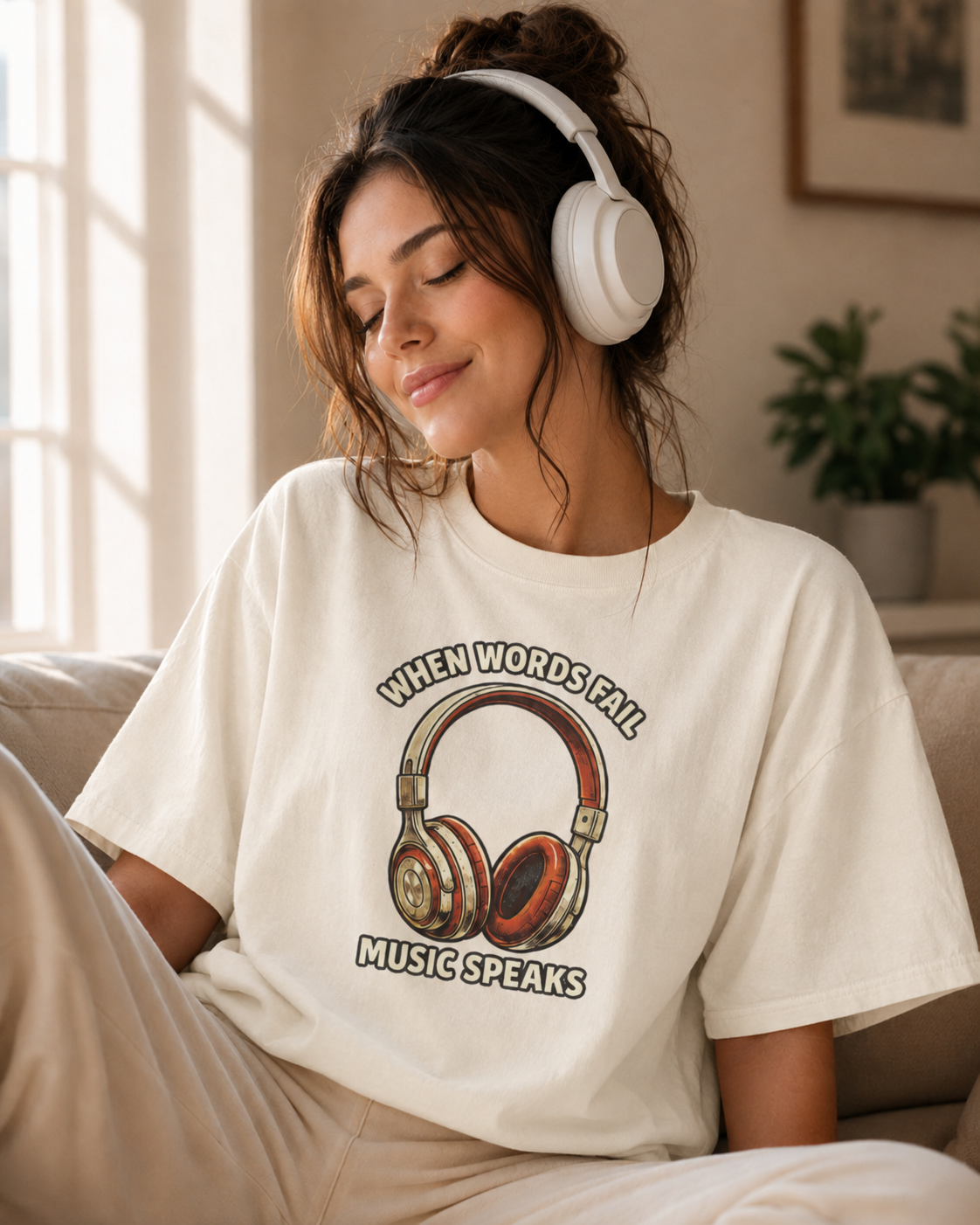 Music Speaks Headphones T-Shirt — When Words Fail Vintage Audio Tee