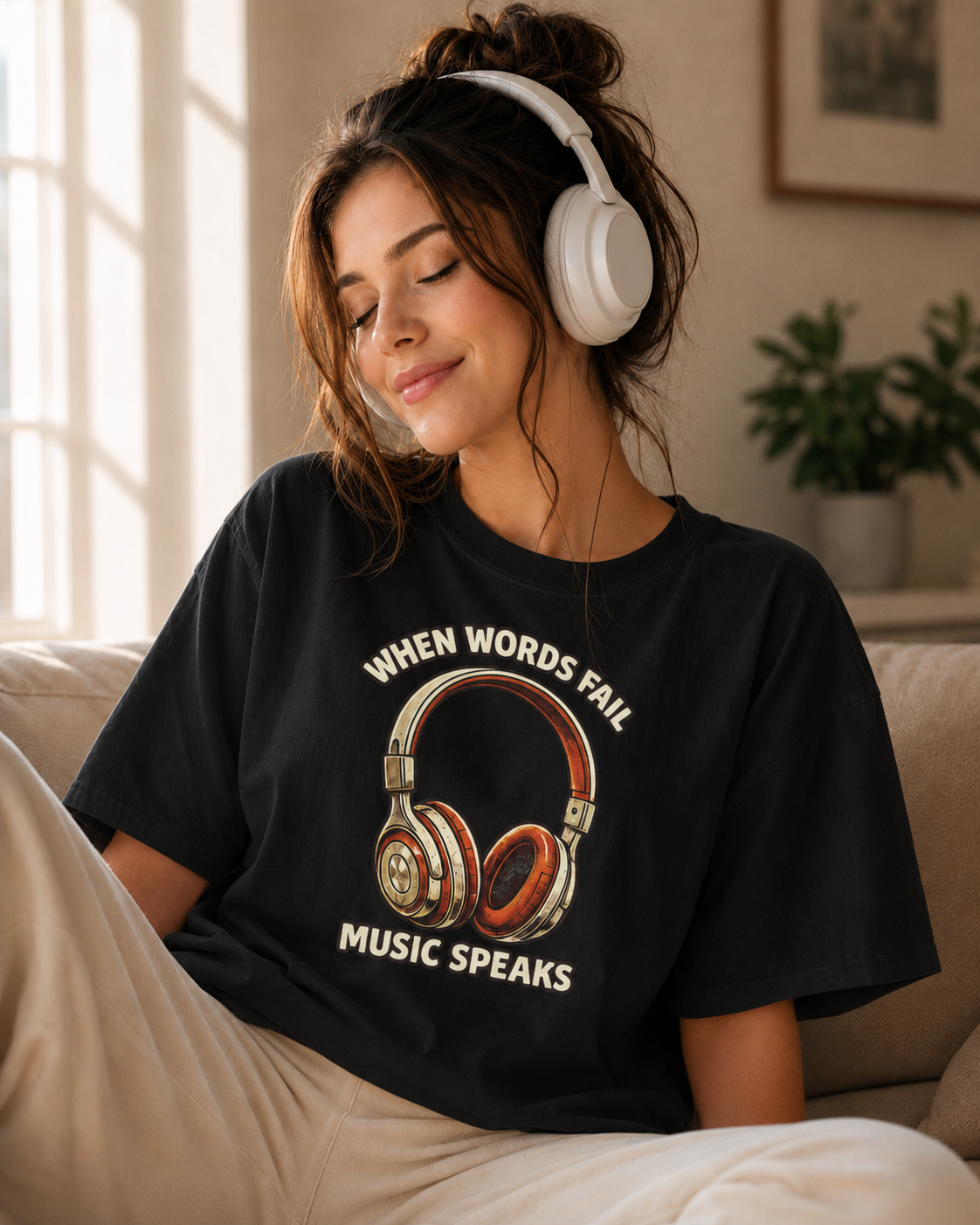 Music Speaks Headphones T-Shirt — When Words Fail Vintage Audio Tee