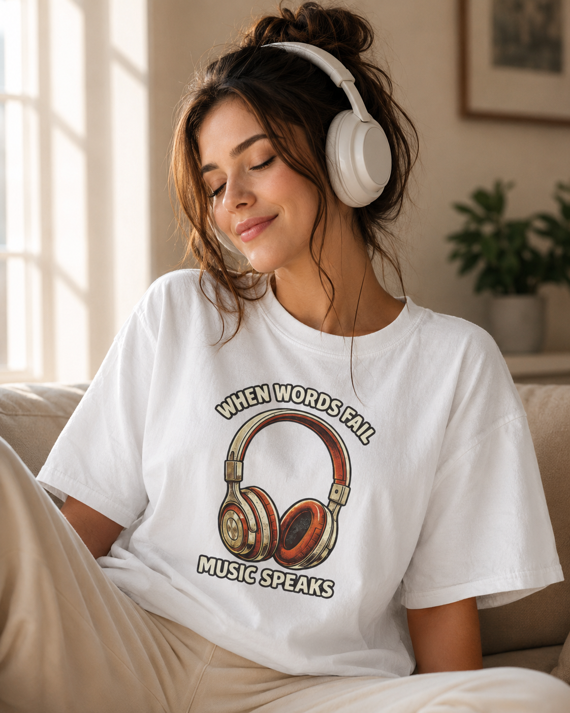 Music Speaks Headphones T-Shirt — When Words Fail Vintage Audio Tee