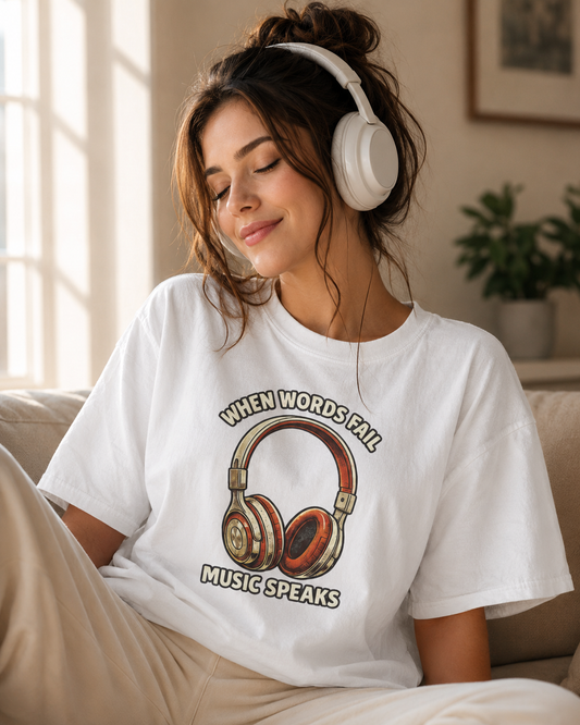 Music Speaks Headphones T-Shirt — When Words Fail Vintage Audio Tee