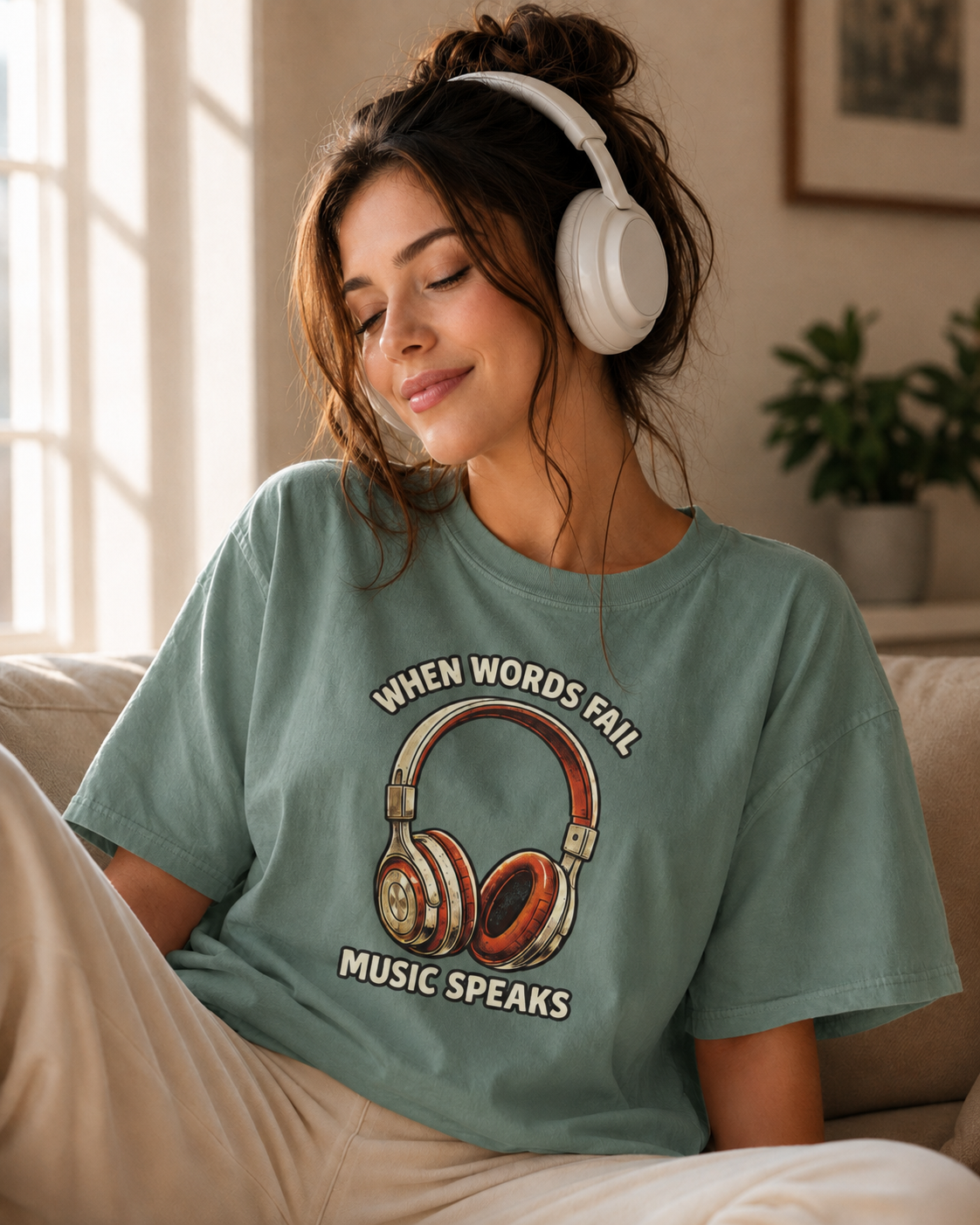 Music Speaks Headphones T-Shirt — When Words Fail Vintage Audio Tee