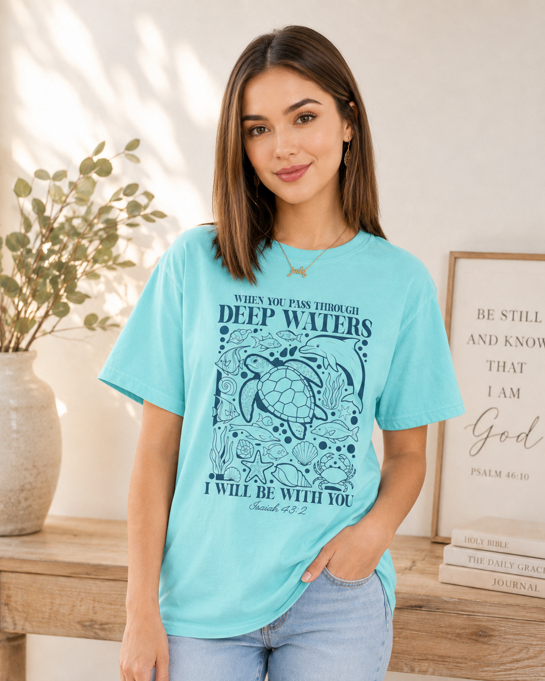 Sea Turtle Faith Tee — "When You Pass Through Deep Waters I Will Be With You" Spiritual Christian T-Shirt