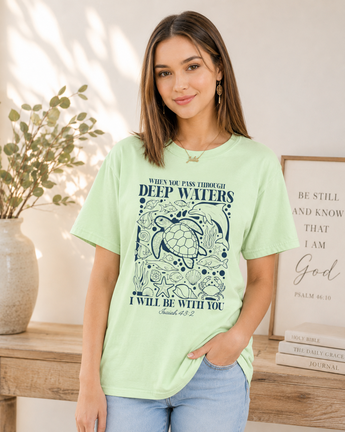 Sea Turtle Faith Tee — "When You Pass Through Deep Waters I Will Be With You" Spiritual Christian T-Shirt