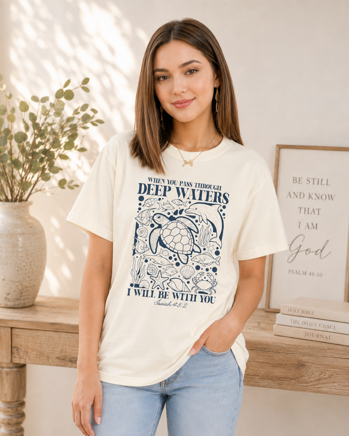 Sea Turtle Faith Tee — "When You Pass Through Deep Waters I Will Be With You" Spiritual Christian T-Shirt