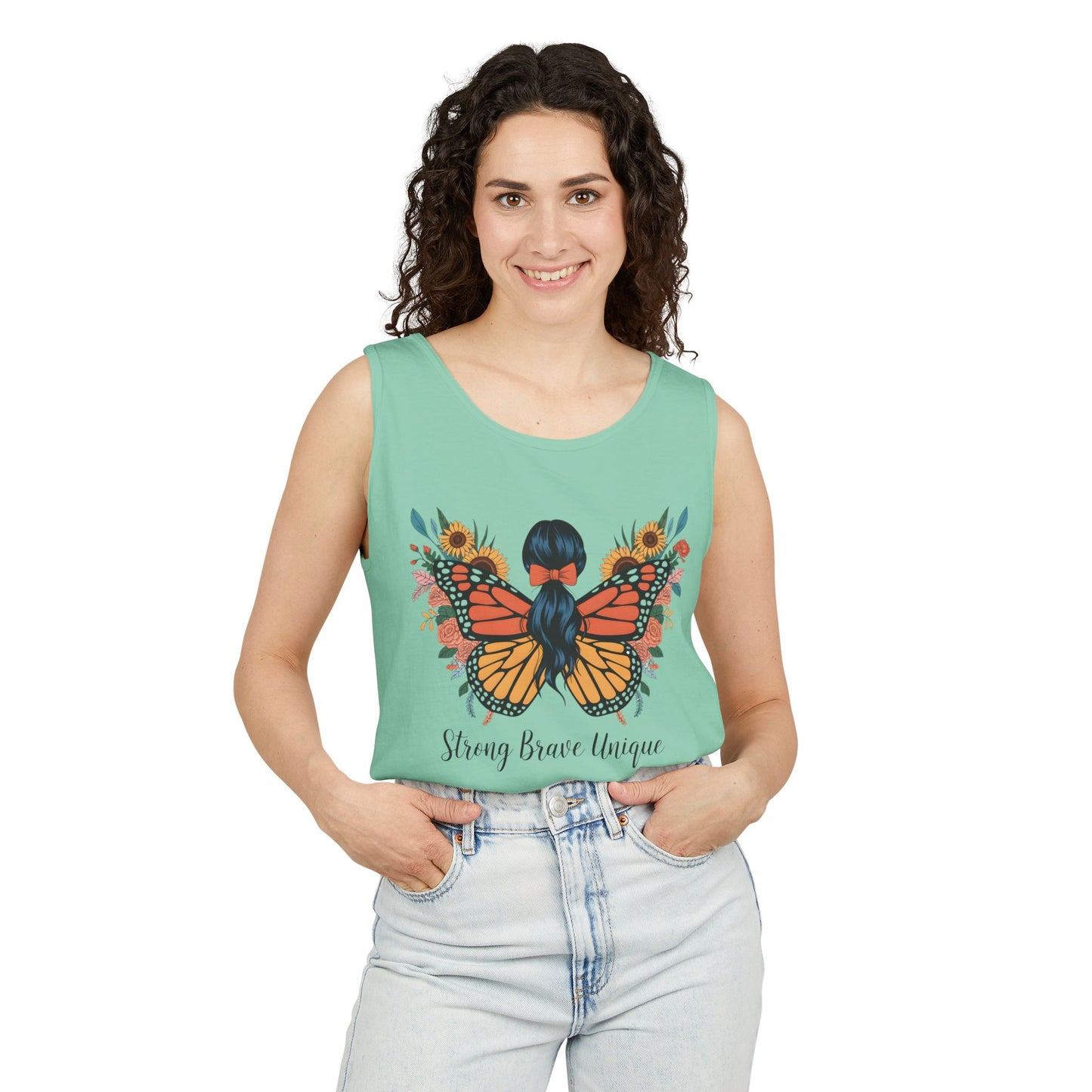 Butterfly Woman Tank Top — "Strong Brave Unique" Inspirational Graphic Tank