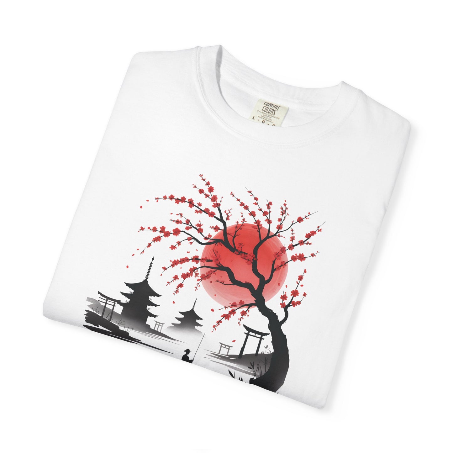 Japanese Landscape T-Shirt — Cherry Blossom, Red Sun & Pagoda Graphic