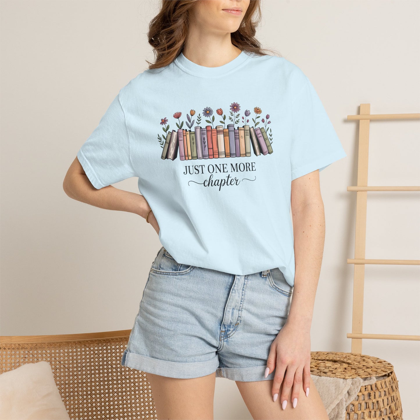 Book Lover T-Shirt — "Just One More Chapter" Floral Bookshelf Tee