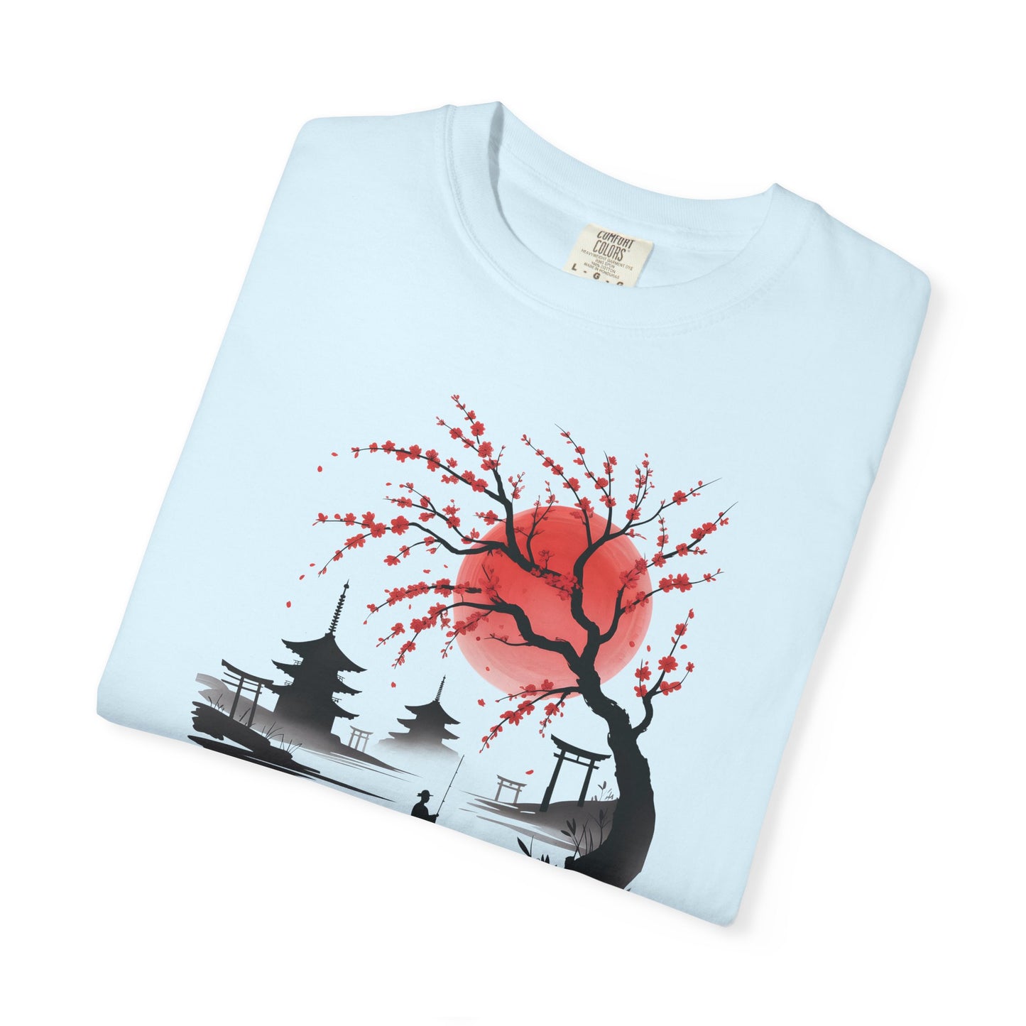 Japanese Landscape T-Shirt — Cherry Blossom, Red Sun & Pagoda Graphic