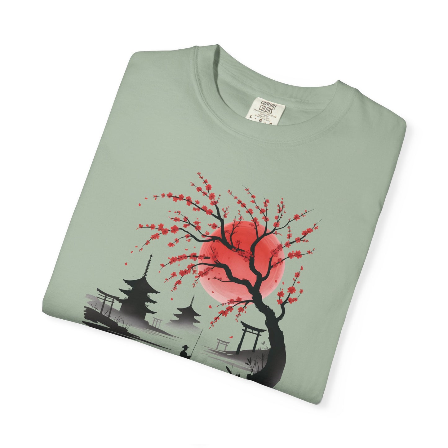 Japanese Landscape T-Shirt — Cherry Blossom, Red Sun & Pagoda Graphic