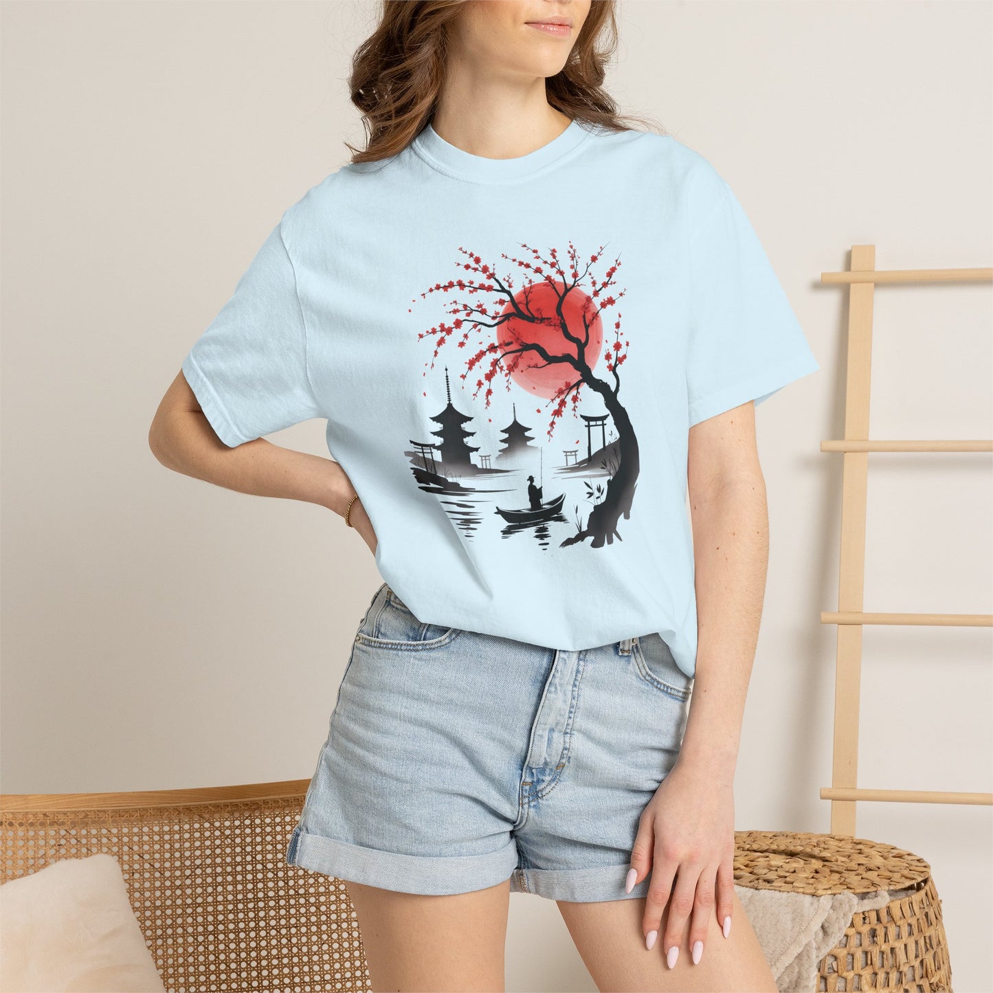 Japanese Landscape T-Shirt — Cherry Blossom, Red Sun & Pagoda Graphic